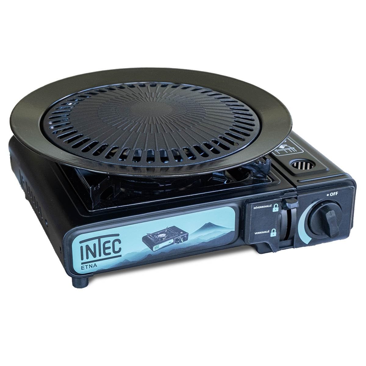 INTEC - Réchaud à gaz Portable 2200W ETNA + Plaque plancha + Grill Cartouche gaz Camping Allumage Piezo Mallette