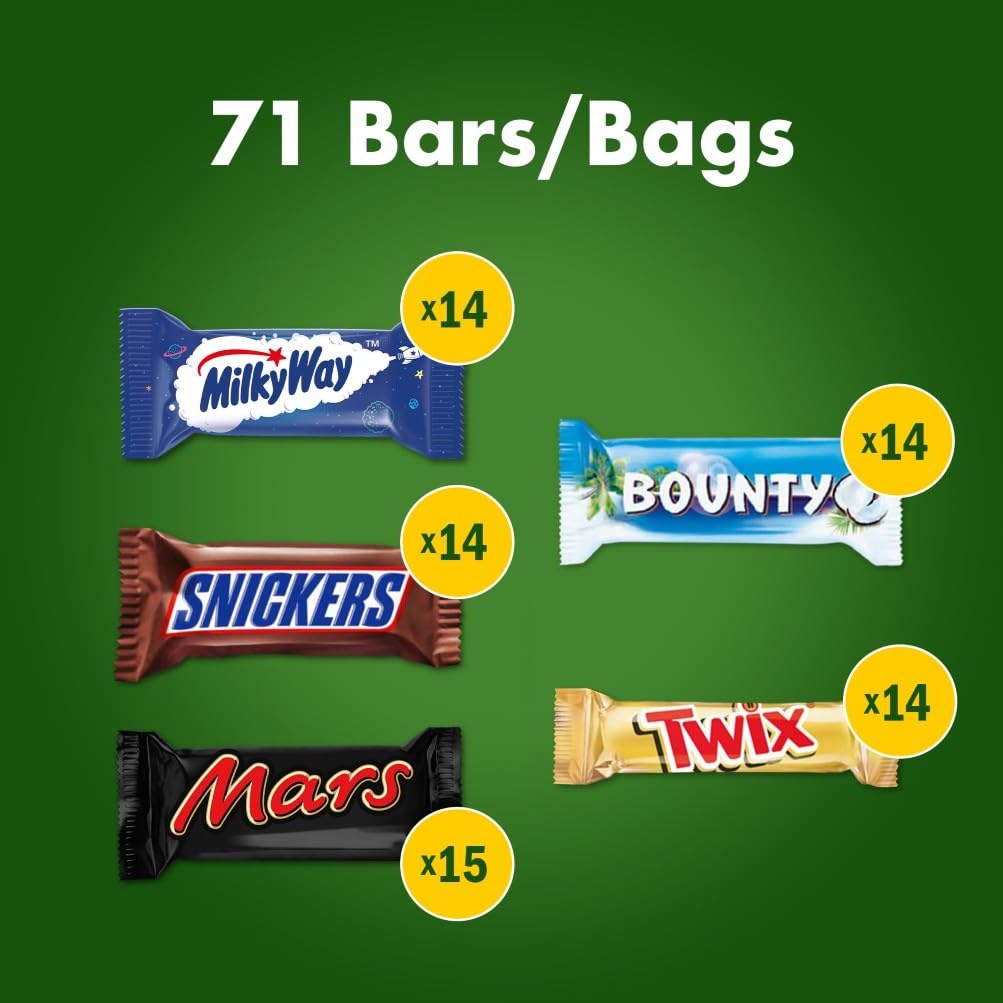 Mixed Minis Schokolade Großpackung, 71 Mini-Schokoriegel Snacks (Mars, Snickers, Bounty, Twix, Milky Way) als Süßigkeiten, Schokoladen Geschenk, Süßigkeiten Box (1400g)