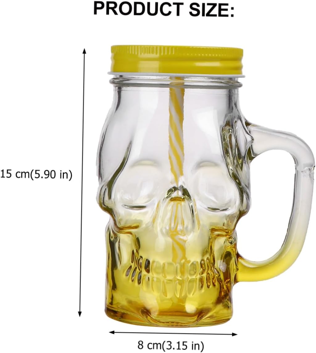 2pcs 500ml Gradient Yellow Skull Glass Beer and Cocktail Cups with Handle, Halloween Party Drinkware Set with Lid and Straw, Decorative Skull Glasses for Home Bar and Festive