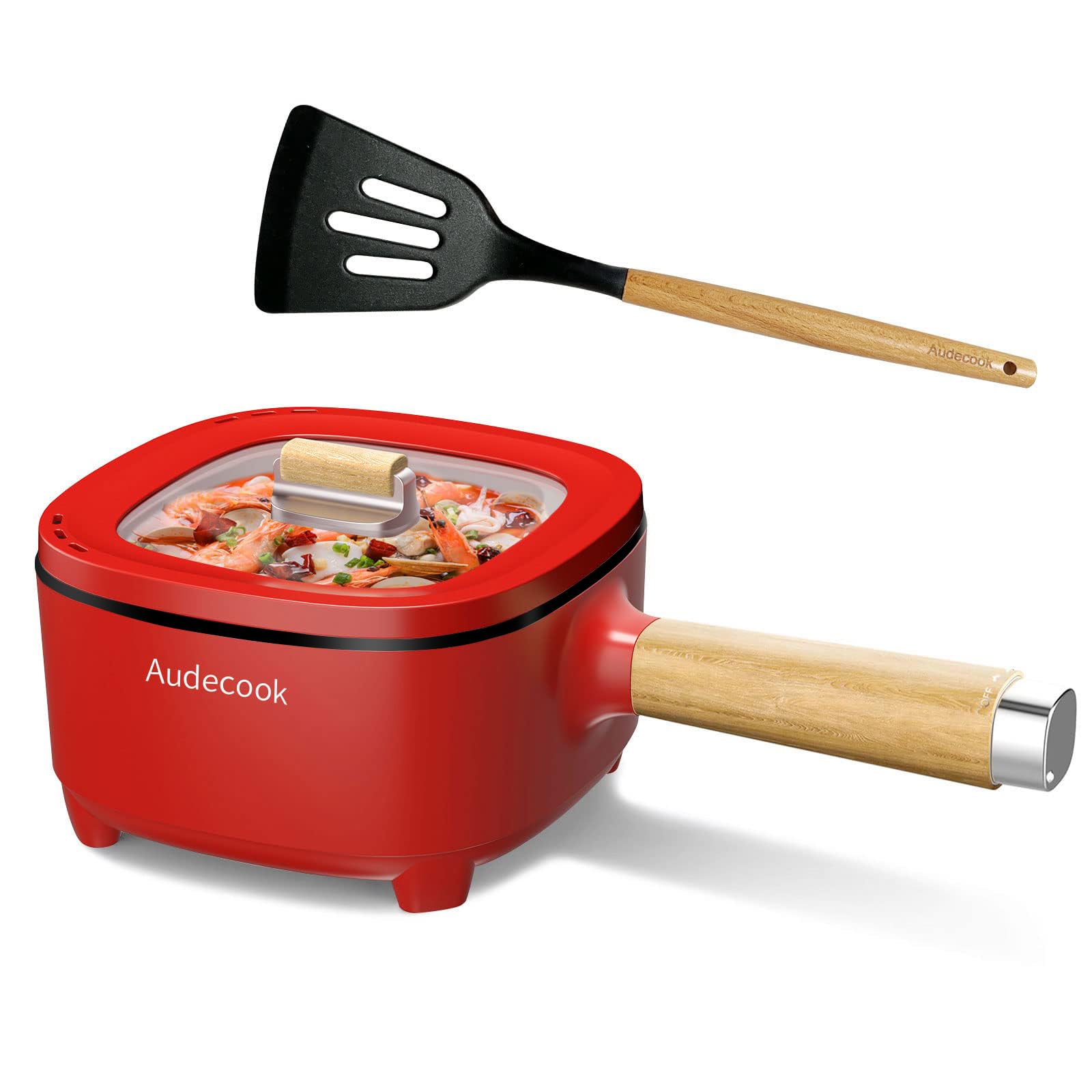 Audecook Electric Frying Pan 2L, Upgraded Non-Stick Ceramic Frying Pan 24 cm, Multifunction Electric Pasta Pan for Steak, Eggs, Ramen, Soup, Oatmeal (Red, Steamless)