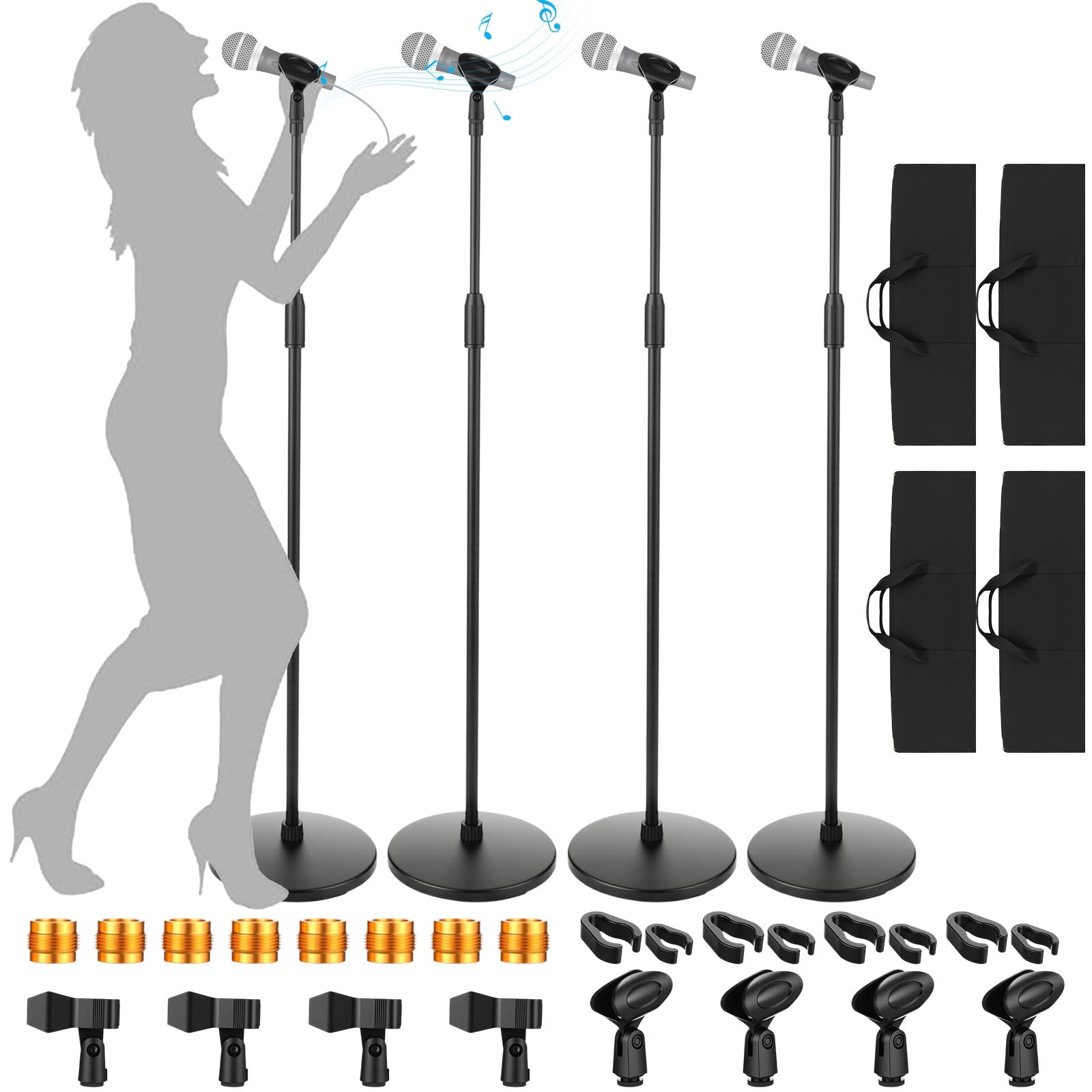 Relaxweex 4 soportes de micrófono de trípode con brazo de brazo de suelo, altura ajustable de 31.5 a 67 pulgadas, soporte de micrófono con base redonda pesada, 4 bolsas de transporte y 8 clips de