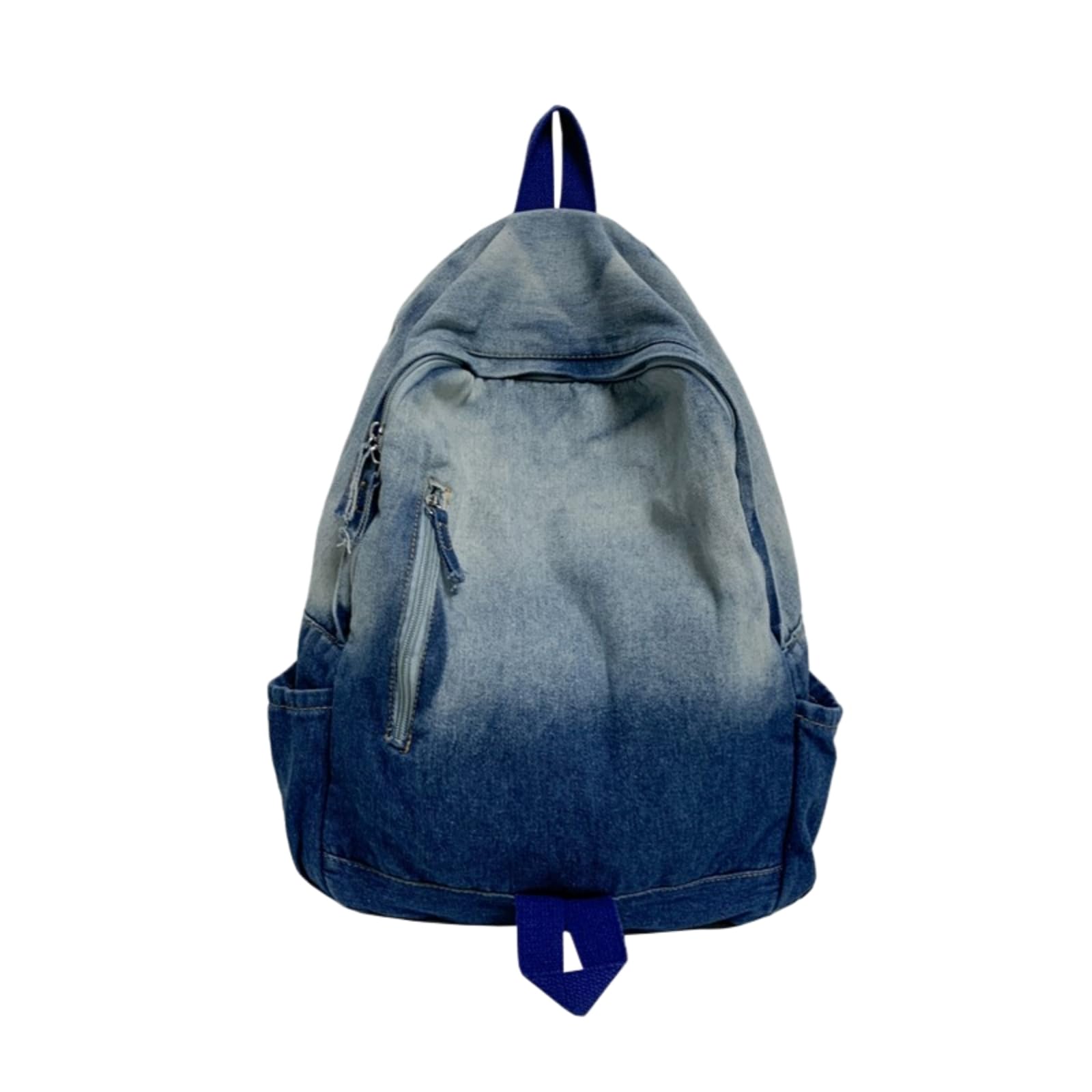 Zaino da Viaggio Gradiente Lavato Denim Spezzato Cerniera Tirare Laterale Bottiglia d'Acqua Tasca Sacco Giorno Vintage per Il Giornaliero del Campus-Blue