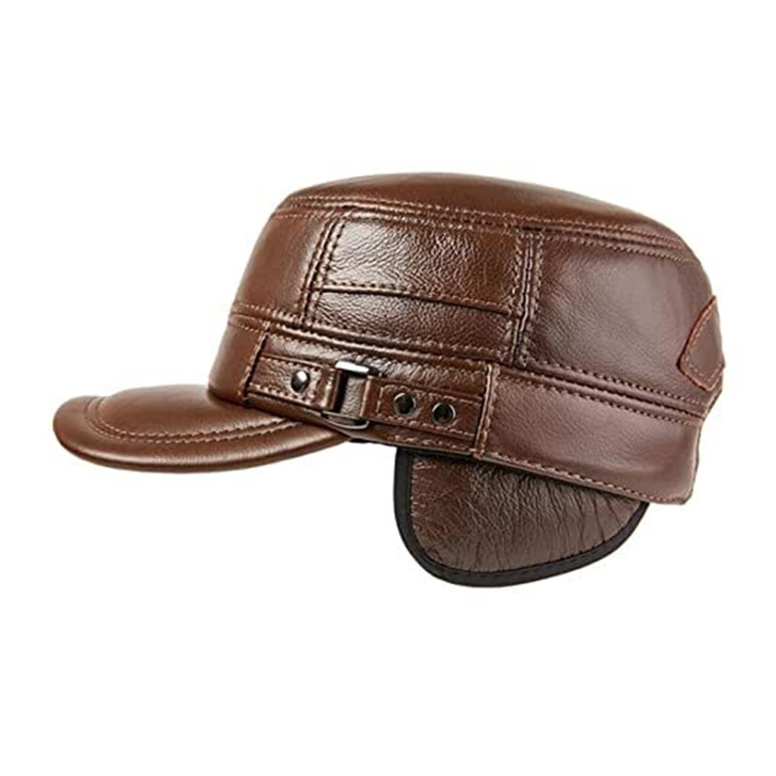 Adjustable Size Men Genuine Leather Flat Cap for Autumn Winter - Dark Brown (55-58cm)