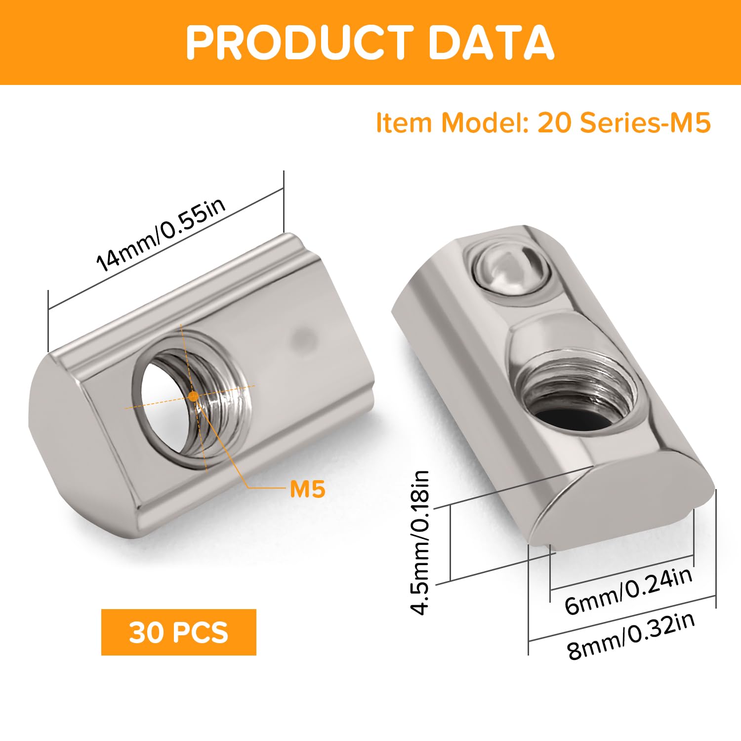 Lyeteung 30 PCS 20 Series M5 T-Slot Nut, Half Round Roll in Spring T Slot Nut - Image 2