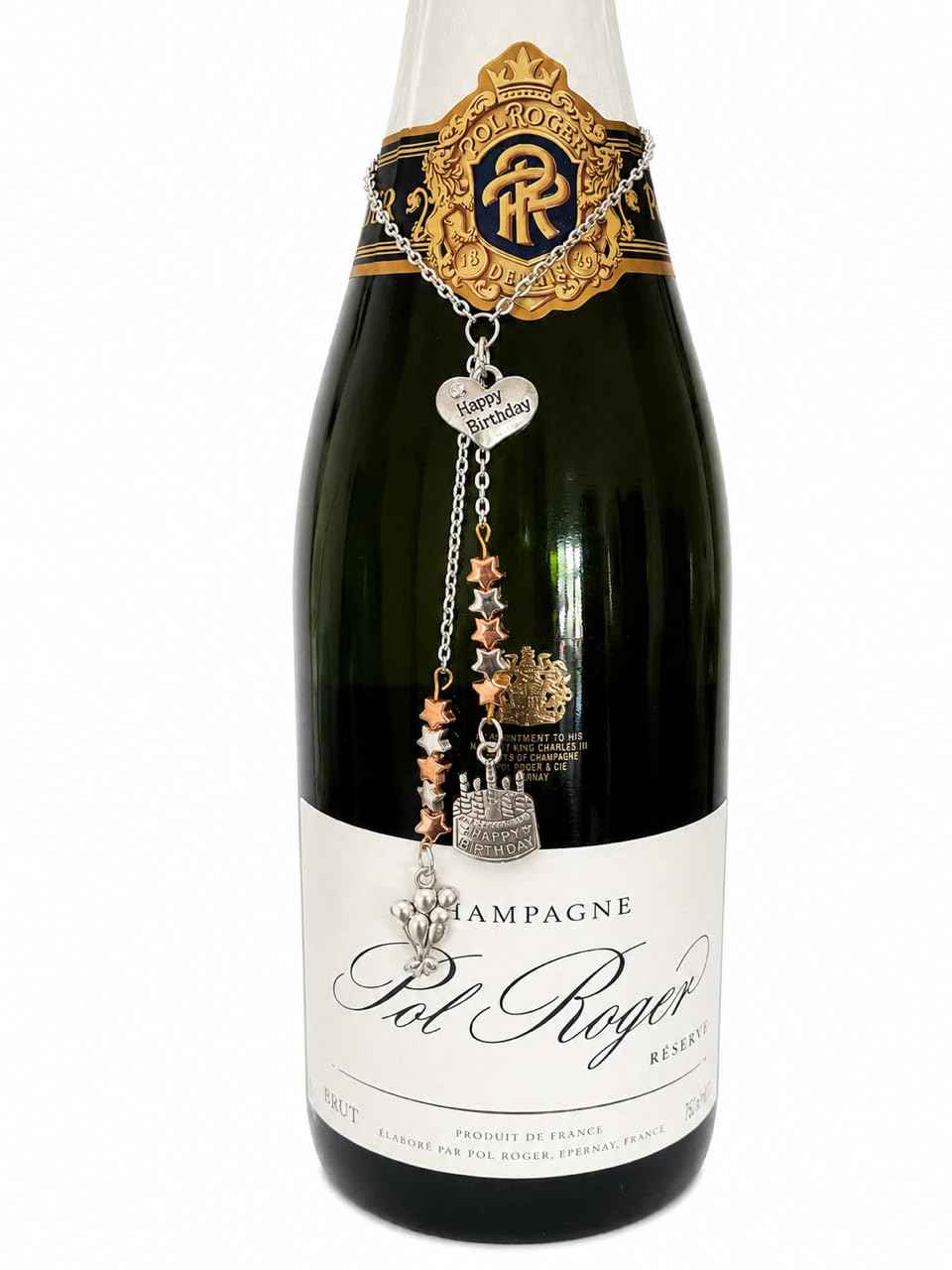 Happy Birthday Wine Bottle Label, Champagne Bottle Tag, Silver Wine Charm, Presentation Decor for wine gift
