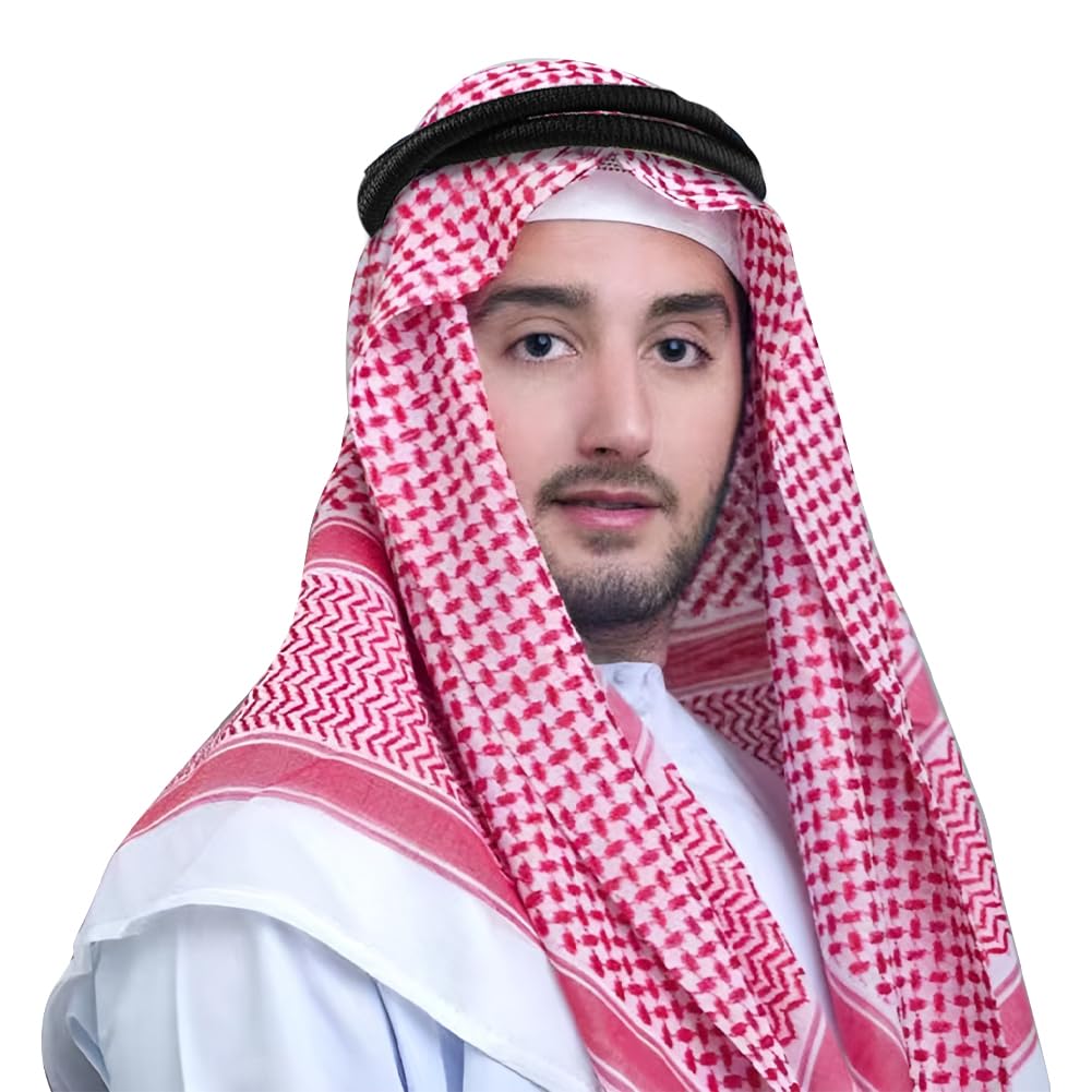 Xgopts Men's Red Arab Muslim Turban Middle East Arafat Hijab Adjustable Cotton Muslim Headscarf Saudi Dubai Hijab Headwear Arabic Shawls Scarf Arafat Head Cover