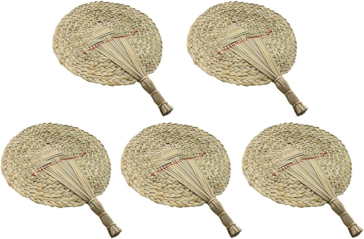5pcs Handmade Woven Grass Fan for Summer, Khaki Handheld Accessory