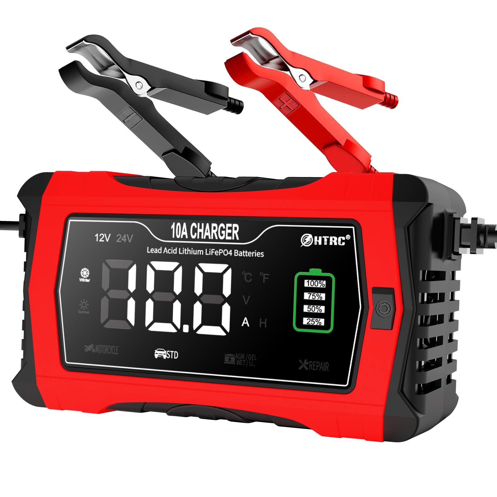 PUSLAKO 10A Battery Charger 12V 24V Fully-Automatic Smart Car Battery Charger, Battery Maintainer, Trickle Charger, and Battery Desulfator with Temperature Compensation