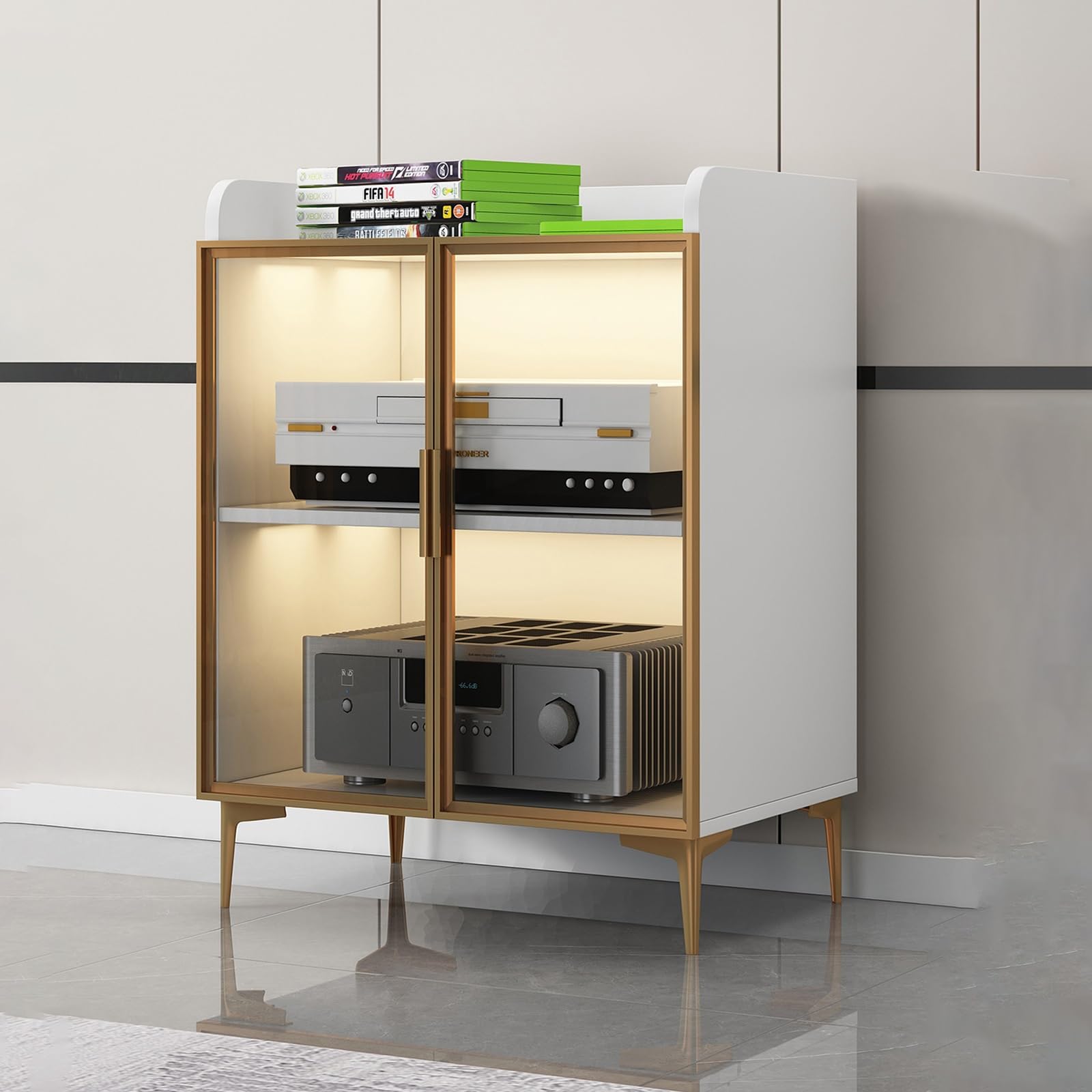 Moderna console AV a 2/3 ripiani, con ante in vetro, per videogiochi, riunioni, soggiorno, elegante design bianco (54 x 42 x 90 cm)