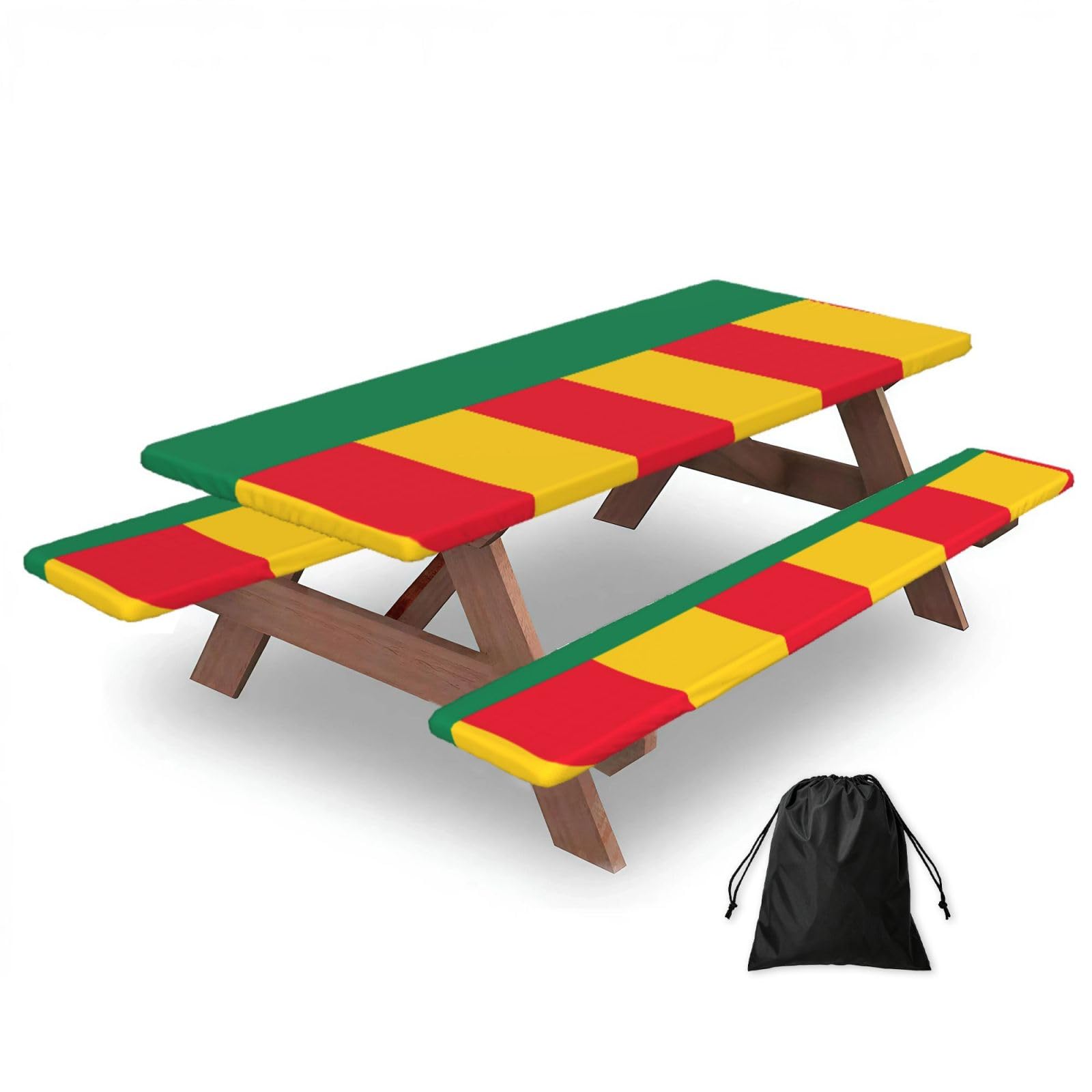 Erwqavc Black Flag Of Benin Print Picnic Table Cover & Bench Covers 3-Pack Set, Elastic Tablecloths For 6 Ft Rectangle Tables