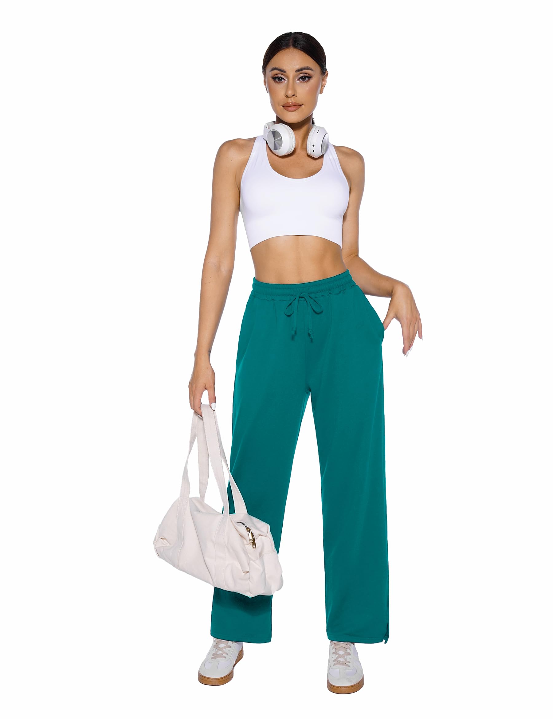 Demegimi Pantaloni Sportivi Donna a Vita Alta con Tasche Pantaloni della Tuta Donna in Cotone a Gamba Larga Pantaloni Jogger Leggeri con Coulisse per Jogging Fitness Sport Yoga