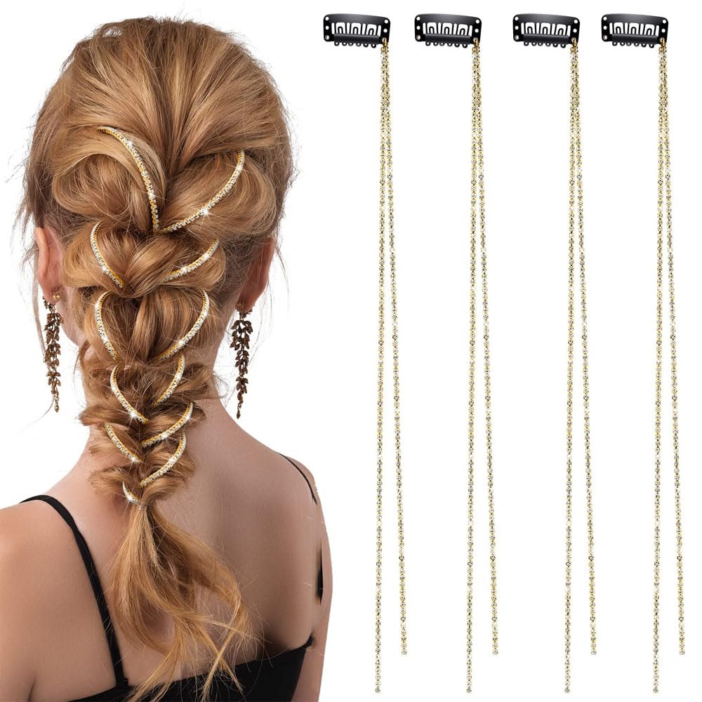 Goodern 4 PCS Women Hair Chains Tassel Hair Clips,Shiny Rhinestone Hair Extension Chains Fashion Long Tassel Hair Clip Chain Delicate Ponytail Extension Chain Decor Girls Punk Hair Accessories-Gold