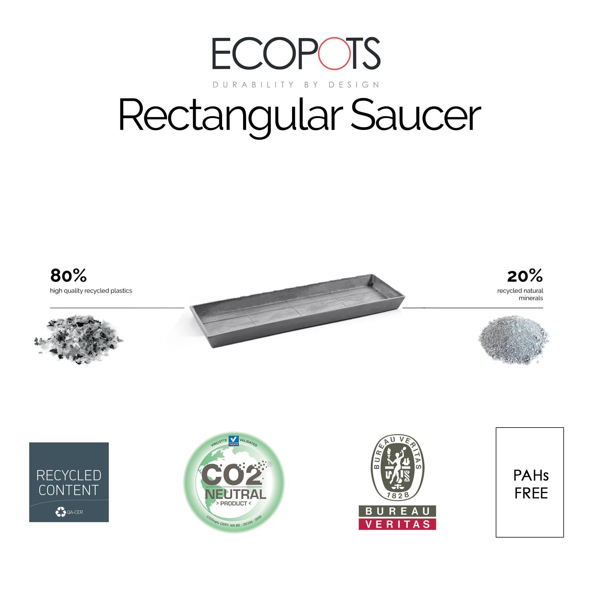 ECOPOTS Soucoupe Rectangulaire 45 New Gris Foncé Pour Plantes Intérieures Et Extérieures