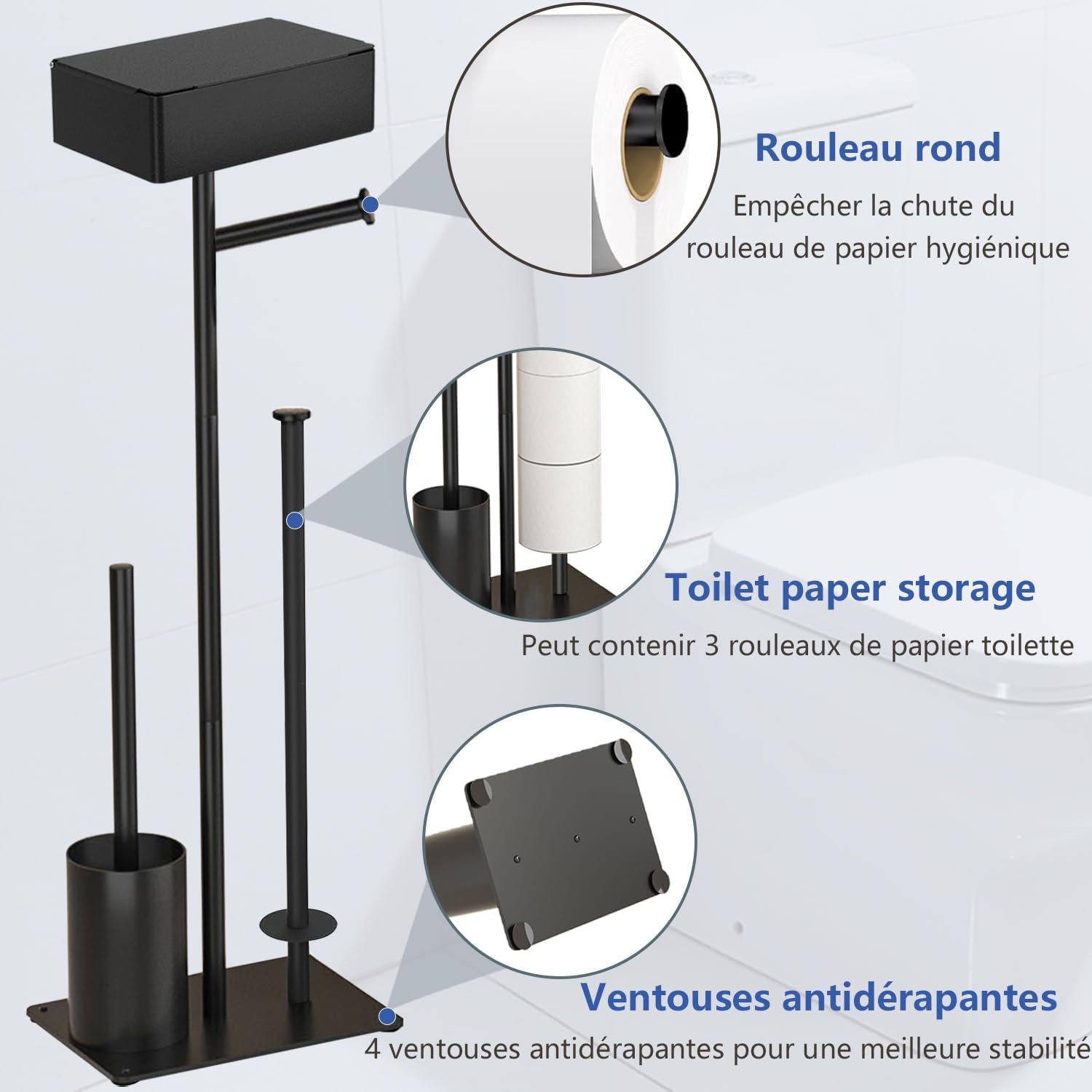 GUIGUZI Porte Papier Toilette avec Brosse WC - Porte Rouleau Debout en Acier Inoxydable, Ensemble Brosse et Dérouleur Papier Aucun Perçage Requis