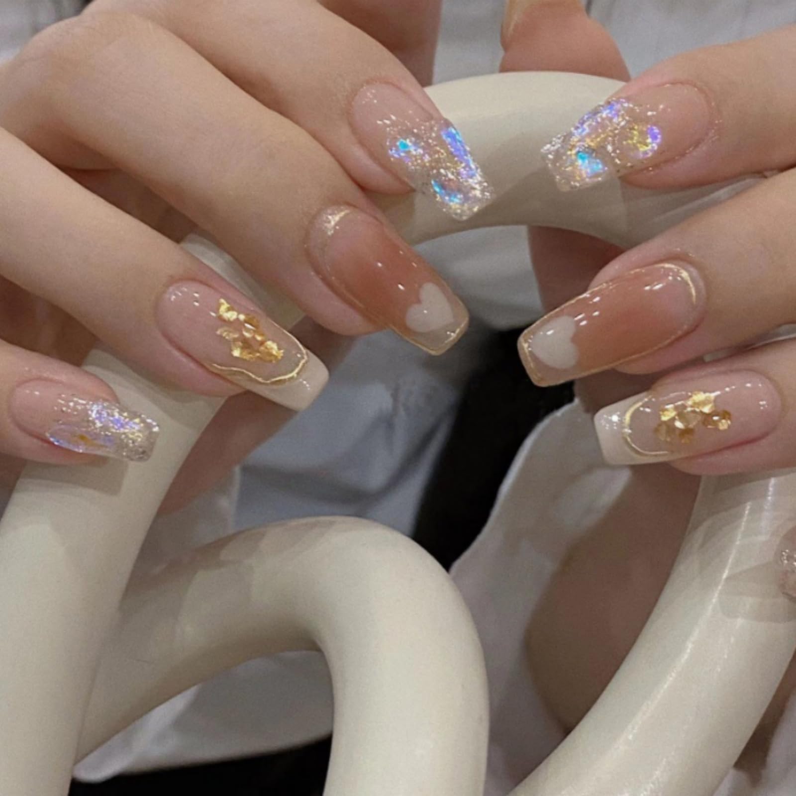 Pure Handmade French Tip Manicure Press on Nail 10pcs Reusable Fake Nails with Luxury Mirror Powder & Gold Foil - Image 3