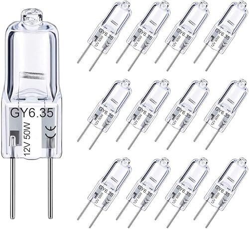 VIIVUU 12 Stück GY6.35 Halogen-Glühlampe 50W Dimmbar, AC/DC 12V, 650LM Warmweiß 2700K, G6.35 Halogen-Stiftsockellampe Klar Kapsel Lampe für Kronleuchter, Schreibtischlampe, Hängelampen, Wandleuchte Cover