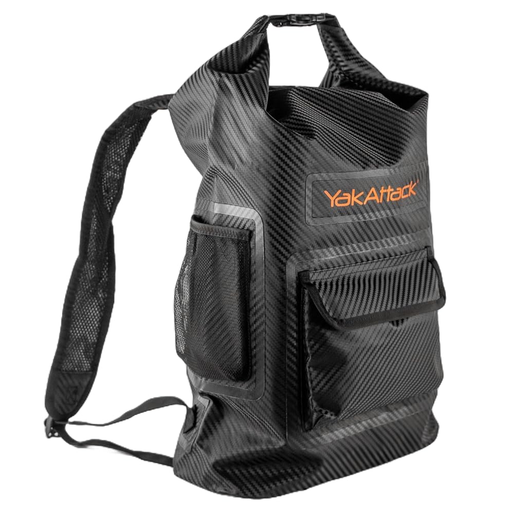 YakAttack 20L Dry Bag Waterproof Backpack - Black | Roll Top Waterproof Backpack for Men & Women | Dry Bag for Kayaking, Hiking, Boating & Camping | Front & Two Side Mesh Pockets | Kayak Drybag