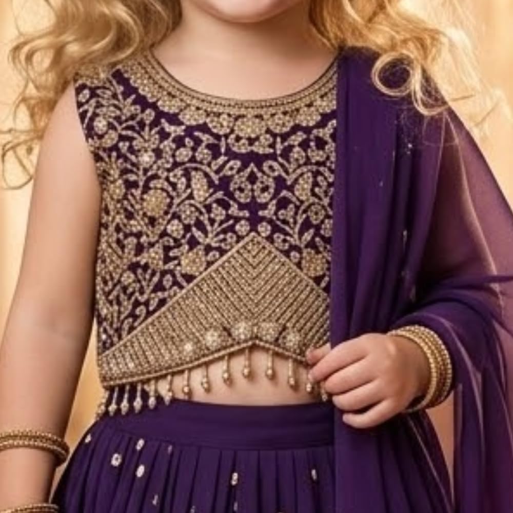 A.T.U.N. (ALL THINGS UBER NICE) Zardozi Lehenga zestaw 3-częściowy zestaw dla dziewczynek z haftem Dupatta i wyściełanym topem choli, odświętny strój etniczny