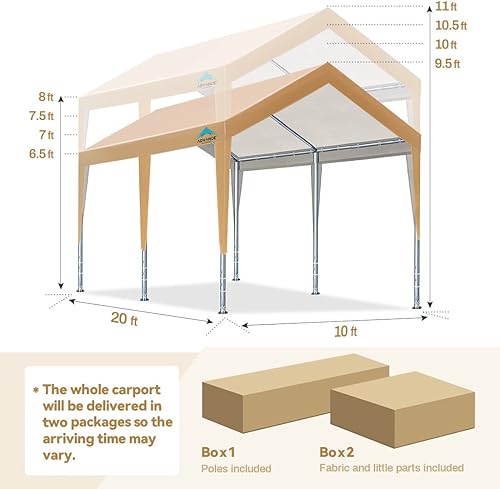 Miniatura 5 de ADVANCE OUTDOOR Cochera de acero de 10 x 20 pies con altura ajustable de 9.5 a 11 pies, toldo resistente para automóvil, garaje, fiesta, tienda de