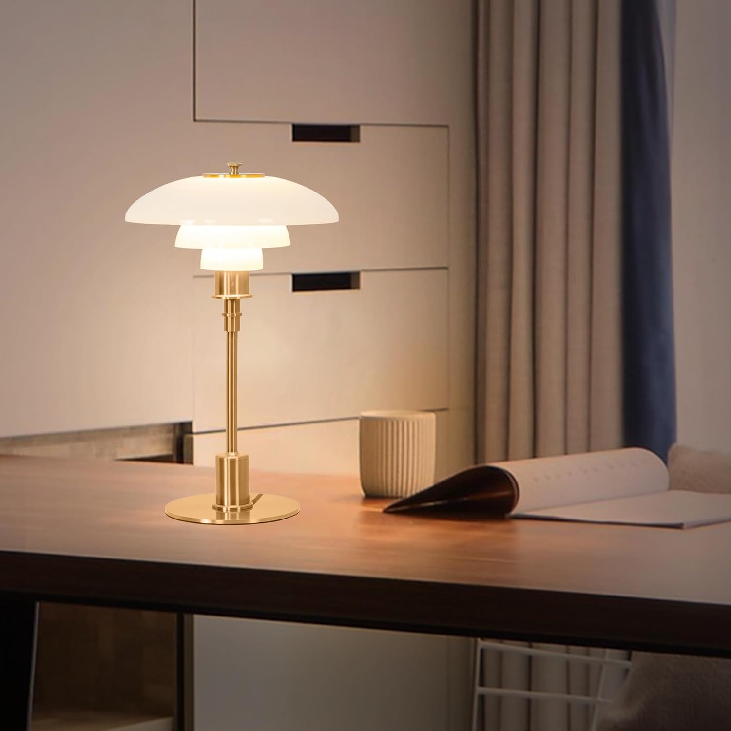 Modern Bauhaus-Style Table Lamp with Multi-Layer Glass Shade and Brass-Color Metal Base Unique Desk Lamp for Bedroom Living Room Office Nordic Minimalist Night Light with E26 Socket (White)