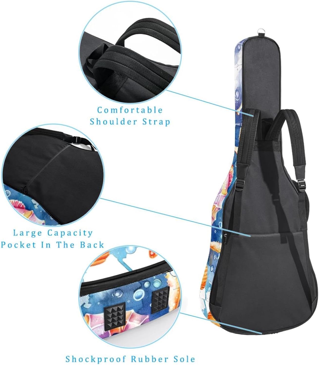 Acoustic Guitar Bag 0.4 Inch Thick Padding Waterproof Guitar Case Gig Bag for 40 41 42 Inch Electric Bass Classical Guitar, Cute Seahorse Fishes Starfish Sea Shells