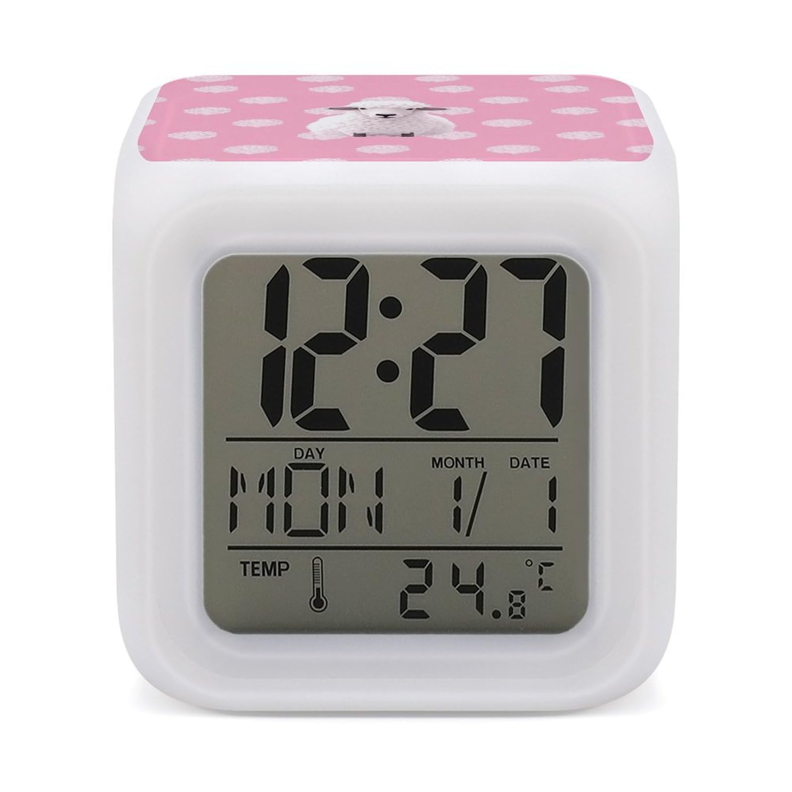 JTREHY 7 Color Changing LED Digital Alarm Clock,White Sheep on Background Printed Wake-up Clock with Temperature Display Home Decoration Alarm Clock for Bedroom Office