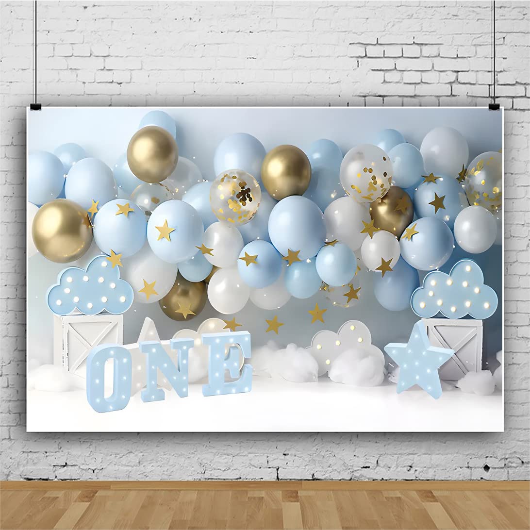 3,5x2,5m Alles Gute zum Geburtstag Kulisse EIN Jahr alt Geburtstag Fotografie Hintergrund Blau Weiße Luftballons Wolke Sterne Hintergrund Kinder Erwachsene Porträt Fotostudio Requisiten
