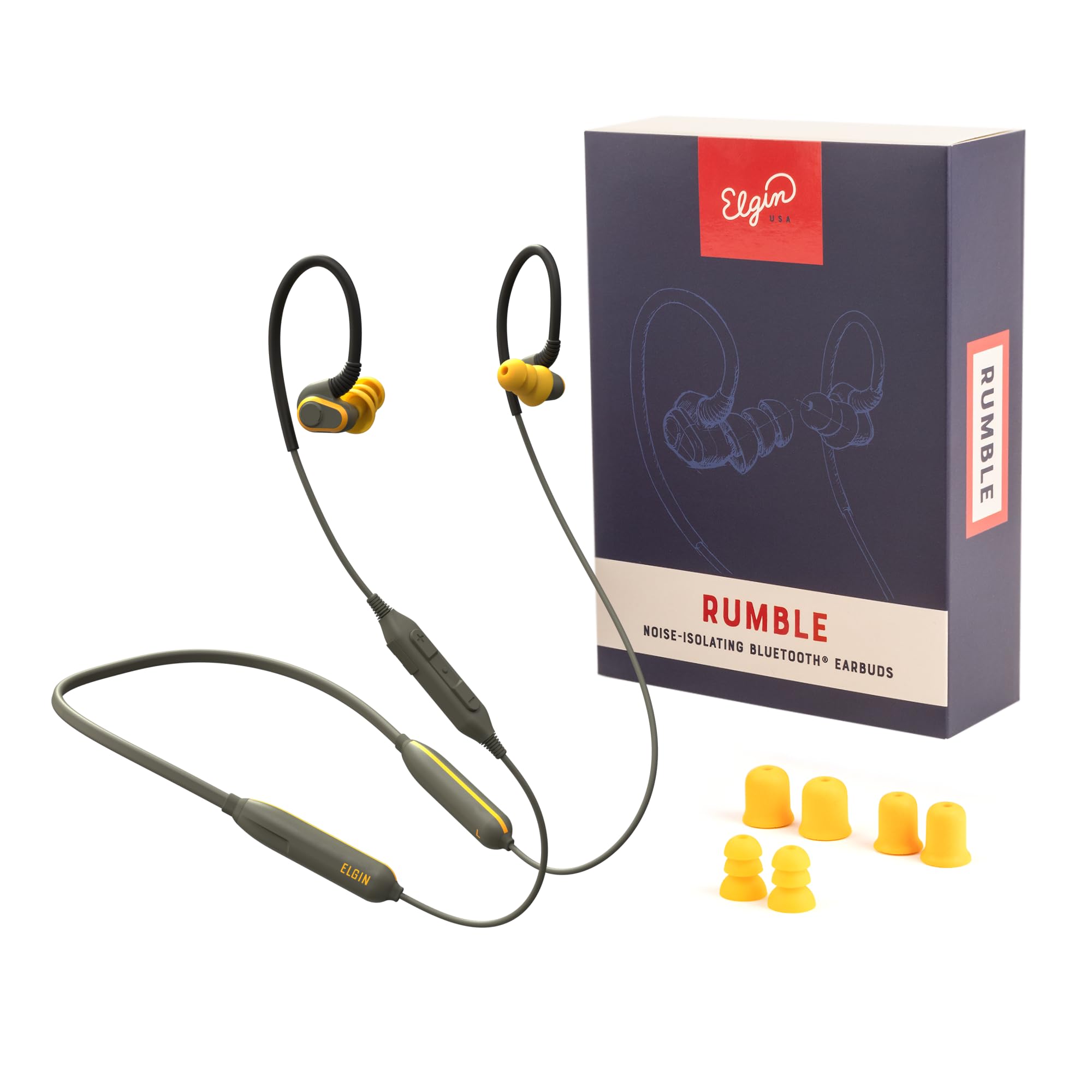 Elgin Rumble Bluetooth Earplug Earbuds, 27 dB Noise Reduction Wireless Headphones with Noise Cancelling Mic, 20 Hour Battery Life, IP67 Waterproof Enclosure, OSHA Compliant Hearing Protection for Work