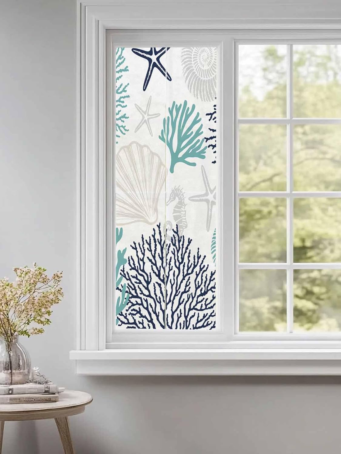 Window Privacy Film Turquoise Shell Window Clings for Glass Windows Starfish Coral Marine Life Windows Film Static Cling Frosted Windows Sticker Covering for Bathroom Living Room Office 29.5"x78.7"