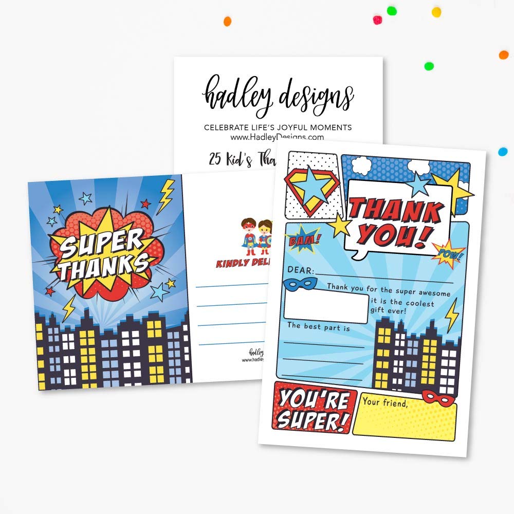 Amazon.com : 25 Superhero Comic Fill In The Blank Kids Thank You Cards,  Hero Bam Themed Girls and Boys Bday Party Note Cards, Unique Adult or  Children Birthday, Baby or Bridal Shower