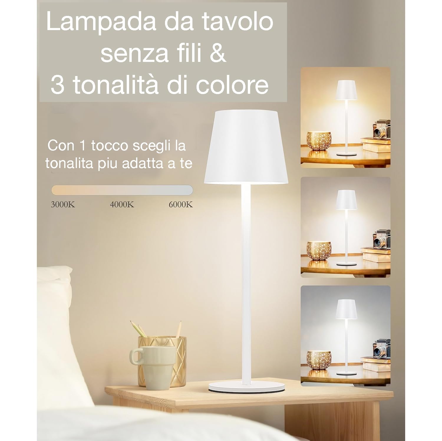 081 Store - 2 PEZZI LAMPADA DA TAVOLO SENZA FILI RICARICABILE BIANCHE, LAMPADA DA TAVOLO LED DIMMERABILE E CON 3 TONALITà DI LUCE, DIMMERABILE 3000-65000K ED IMPERMEABILE IP54