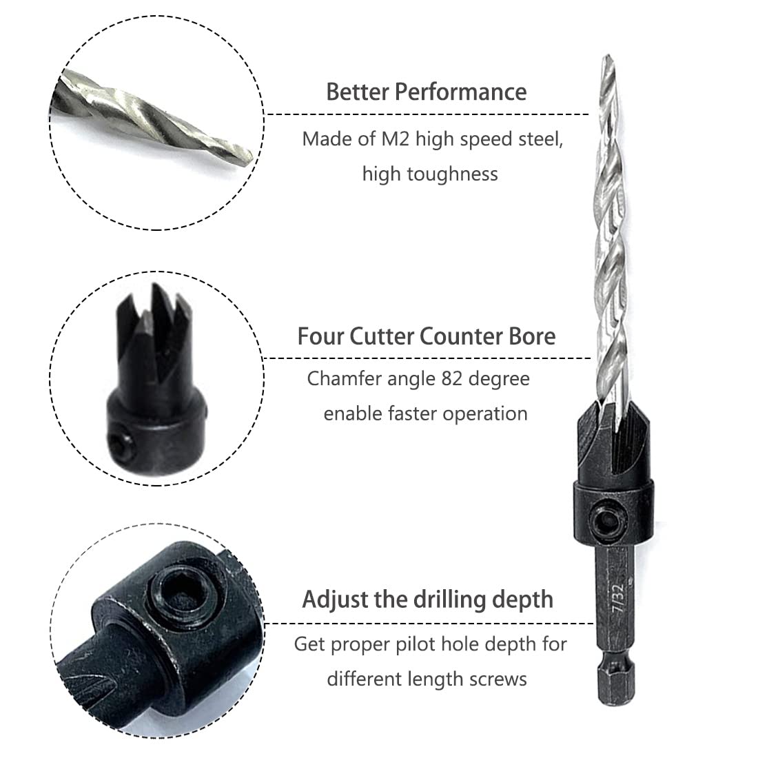 Amana Tool Adjustable Countersink For Wood Screws - Fits Drills From 1/4" To 13/32", 45° Angle, Includes HSS M2 Drill Bit