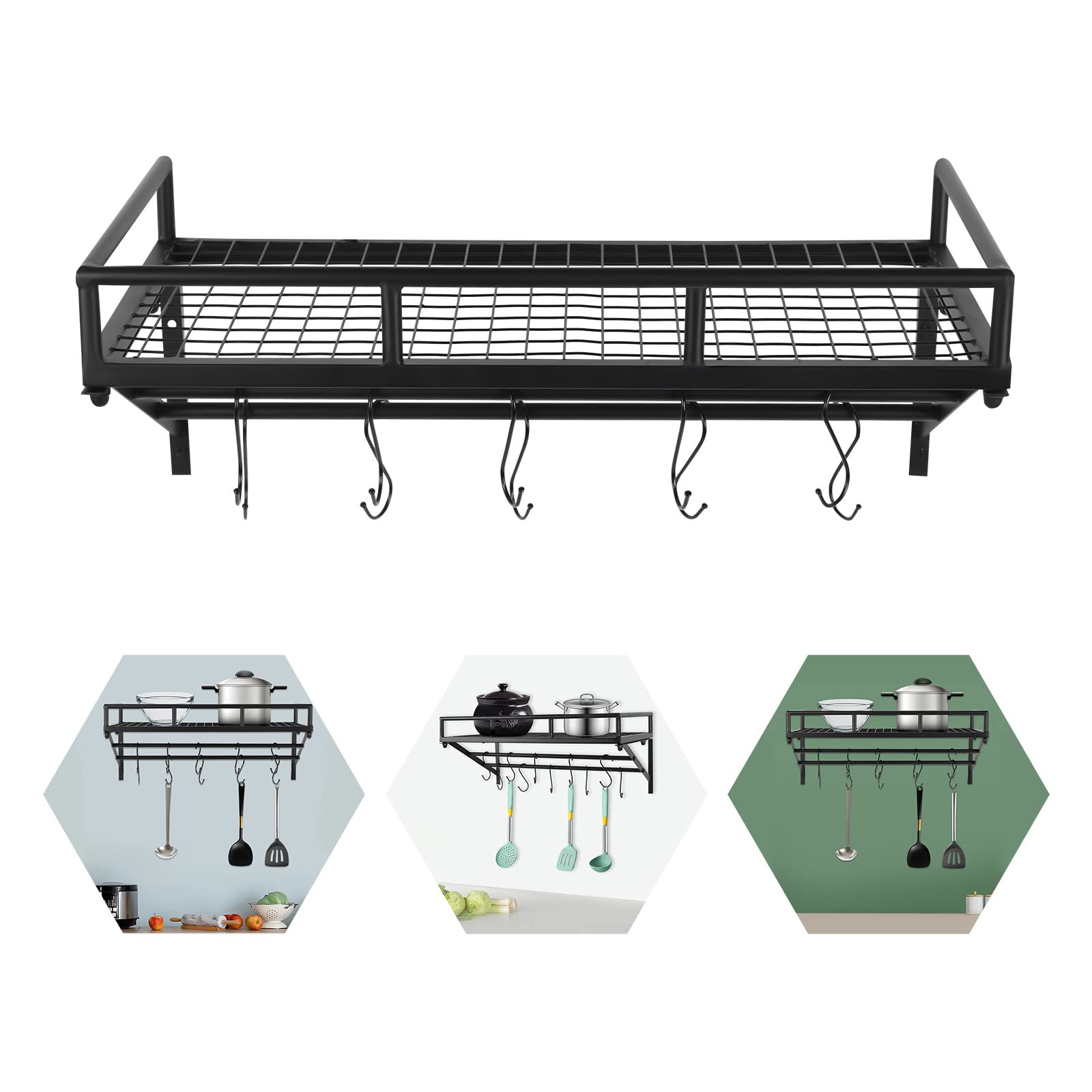 2 Tier 24 Inch Hanging Pot Rack, Wall Mounted Pot and Pan Organizer, Holder Storage Shelf with 10 Hooks for Home Kitchen, Restaurant, Hotel Use