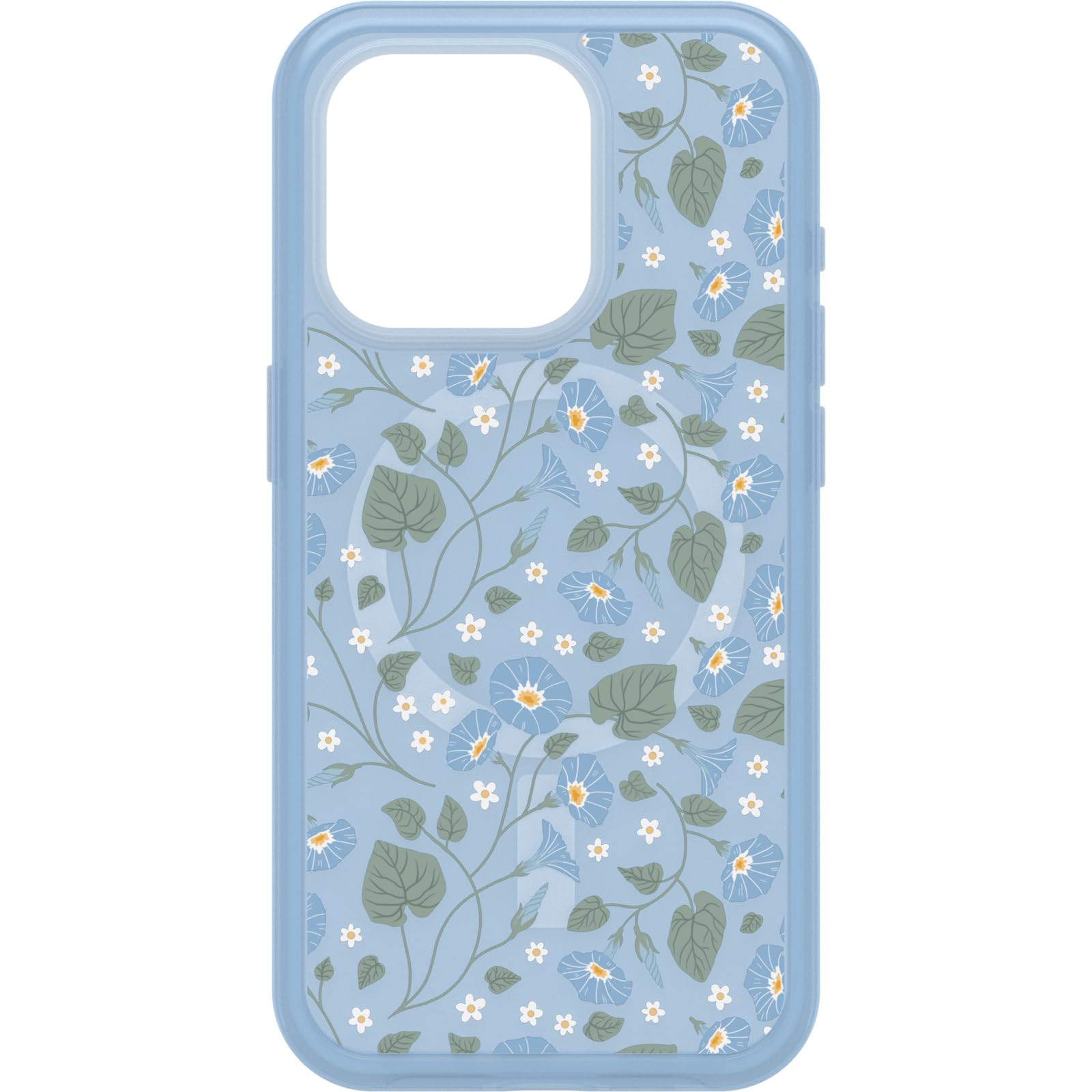 OtterBox iPhone 15 Pro (Only) Symmetry Series Clear Case - DAWN FLORAL (Blue), snaps to MagSafe, ultra-sleek, raised edges protect camera & screen
