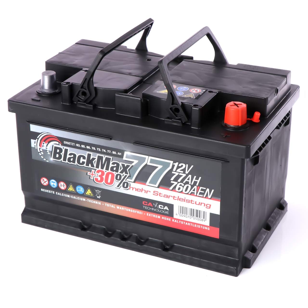 BlackMax Autobatterie 12V 77Ah 760A/EN Starterbatterie | Wartungsfreie Batterie für PKW ersetzt 68Ah 70Ah 72Ah 74Ah 75Ah