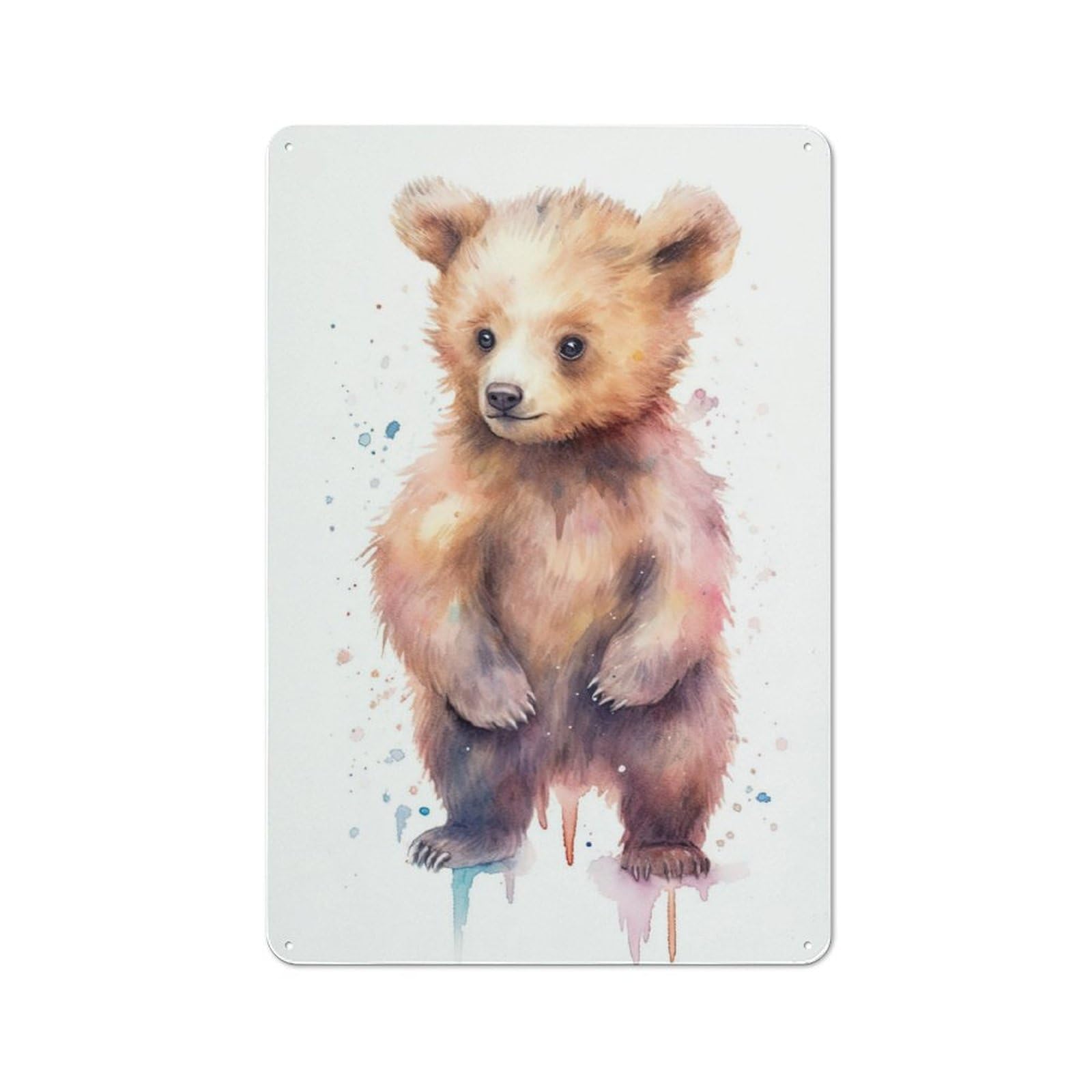 Watercolor Baby Bear Cub Clean Industrial Metal Wall Decor 30x20cm, Decorative Metal Plaque for Workspace, Cafe, Hallway Or Garage