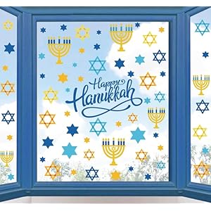 Whaline 9 Sheet Hanukkah Window Clings Menorah Star Window Decals Chanukah Static Window Stickers Decor for Home School Party Supplies 78 x 118 Inch