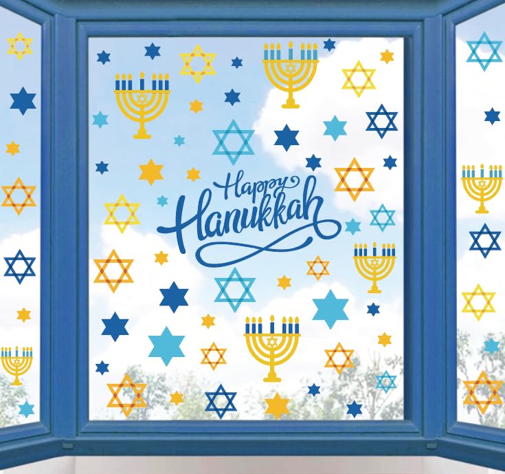 Whaline 9 Sheet Hanukkah Window Clings Menorah Star Window Decals Chanukah Static Window Stickers Decor for Home School Party Supplies, 7.8 x 11.8 Inch