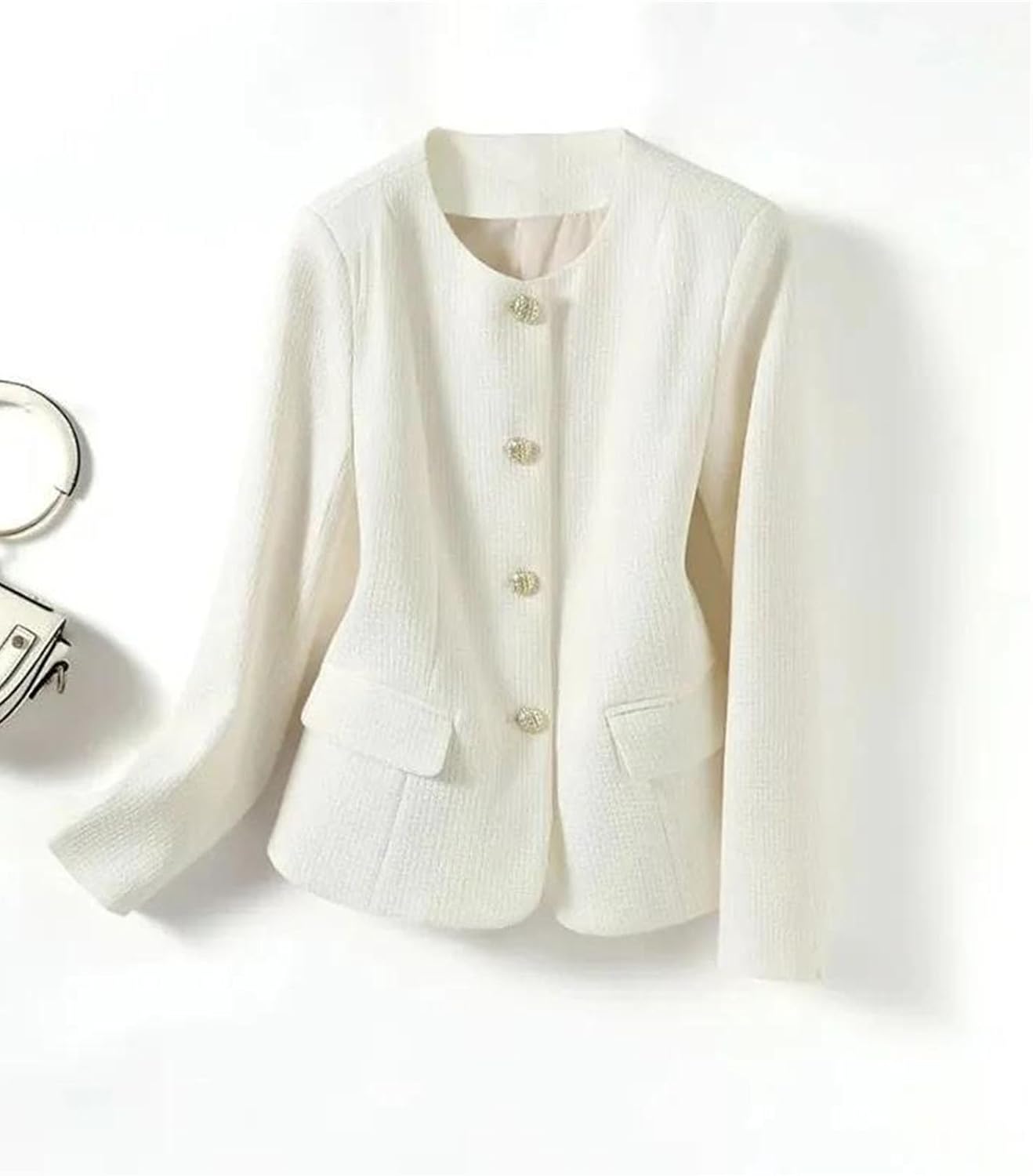 Womens Round Neck Short Blazer Jacket Long Sleeve Stylish Workwear Coat Elegant Office Look