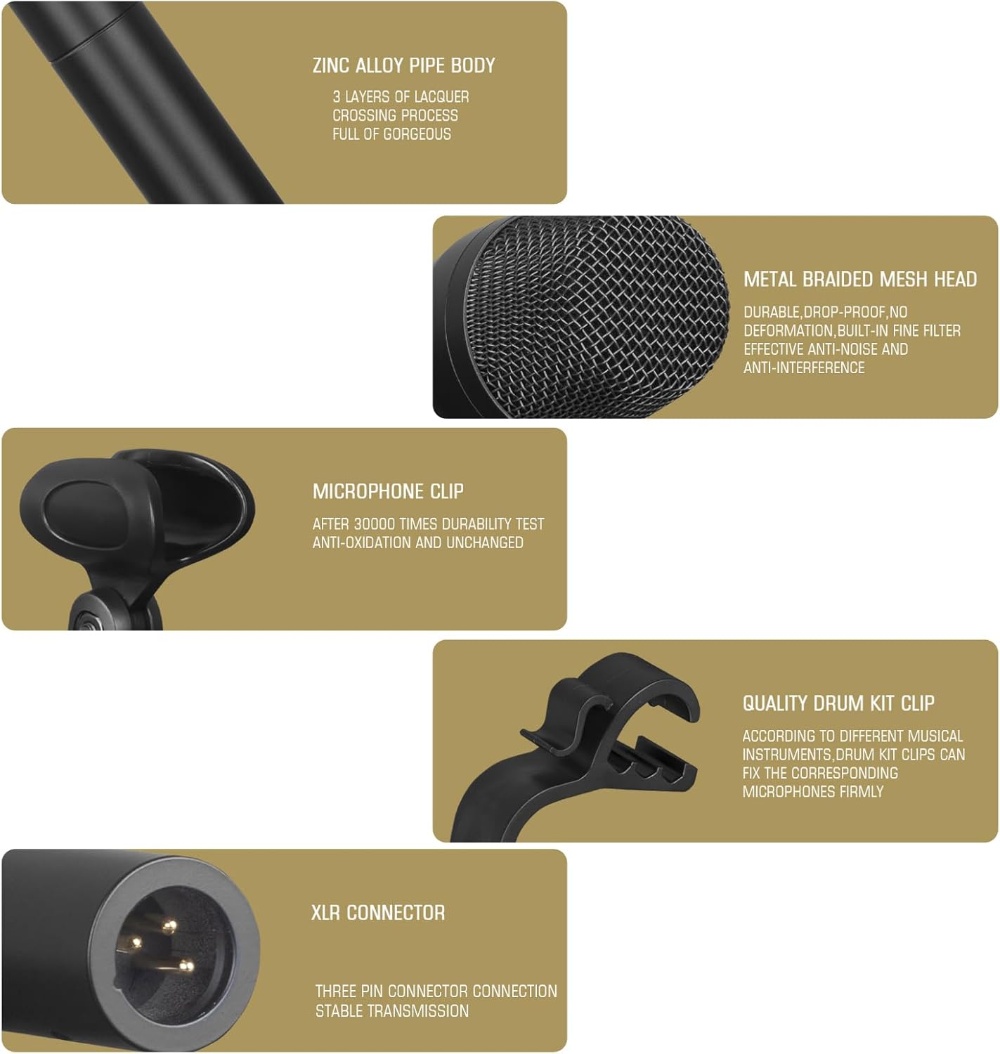 7 Piece Drum Mic Kit with Carrying Case, Full Metal Wired Dynamic Drum Mics Set for Kick Bass, Tom, Snare, Hi-hat Cymbals and Musical Instrument Drum Microphone with Holders, Threaded Clips