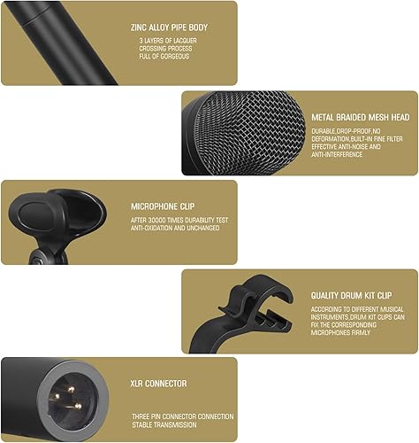Miniatura 4 de Kit de micrófono de batería de 7 piezas con funda de transporte, juego de micrófonos dinámicos de batería con cable de metal completo para Kick