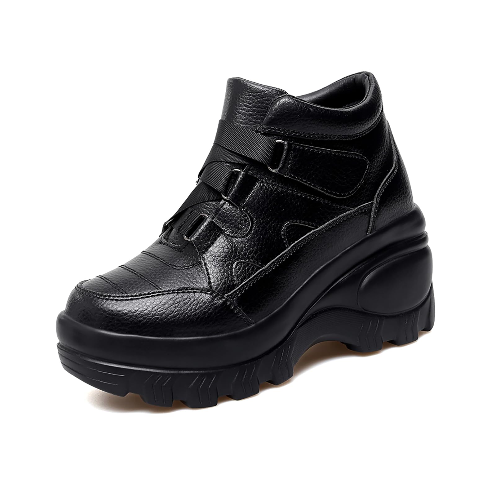 Womens Leather Orthopedic Chunky Platform Ankle Boots with Hook Loop Retro Comfortable Round Toe Arch Support Wedge Booties