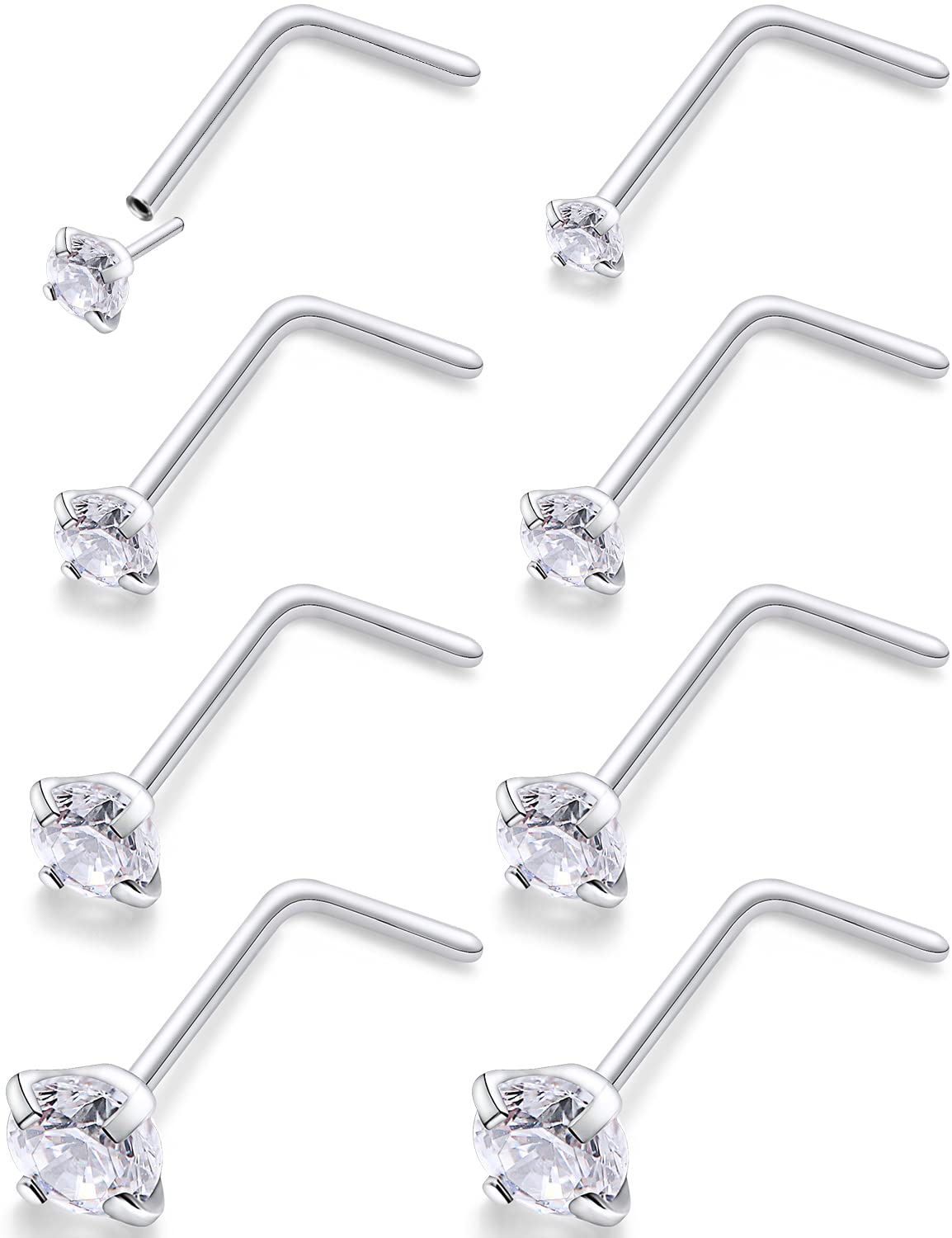 Cisyozi4 Pairs 18G Stainless Steel Nose Rings Stud Set 1.5mm 2mm 2.5mm 3mm 4-Prong-Setting Diamond CZ Screw L Shaped Bone Nostril Piercing Jewelry