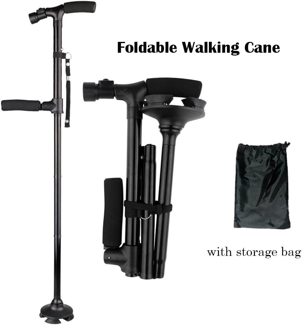 REAK Foldable Walking Cane with Led Light,Walking Stick for Men & Women, Two Handle, Collapsible, Lightweight, Adjustable,Sleek Look & Pack Elderly Best Mobility Aids Cane Black