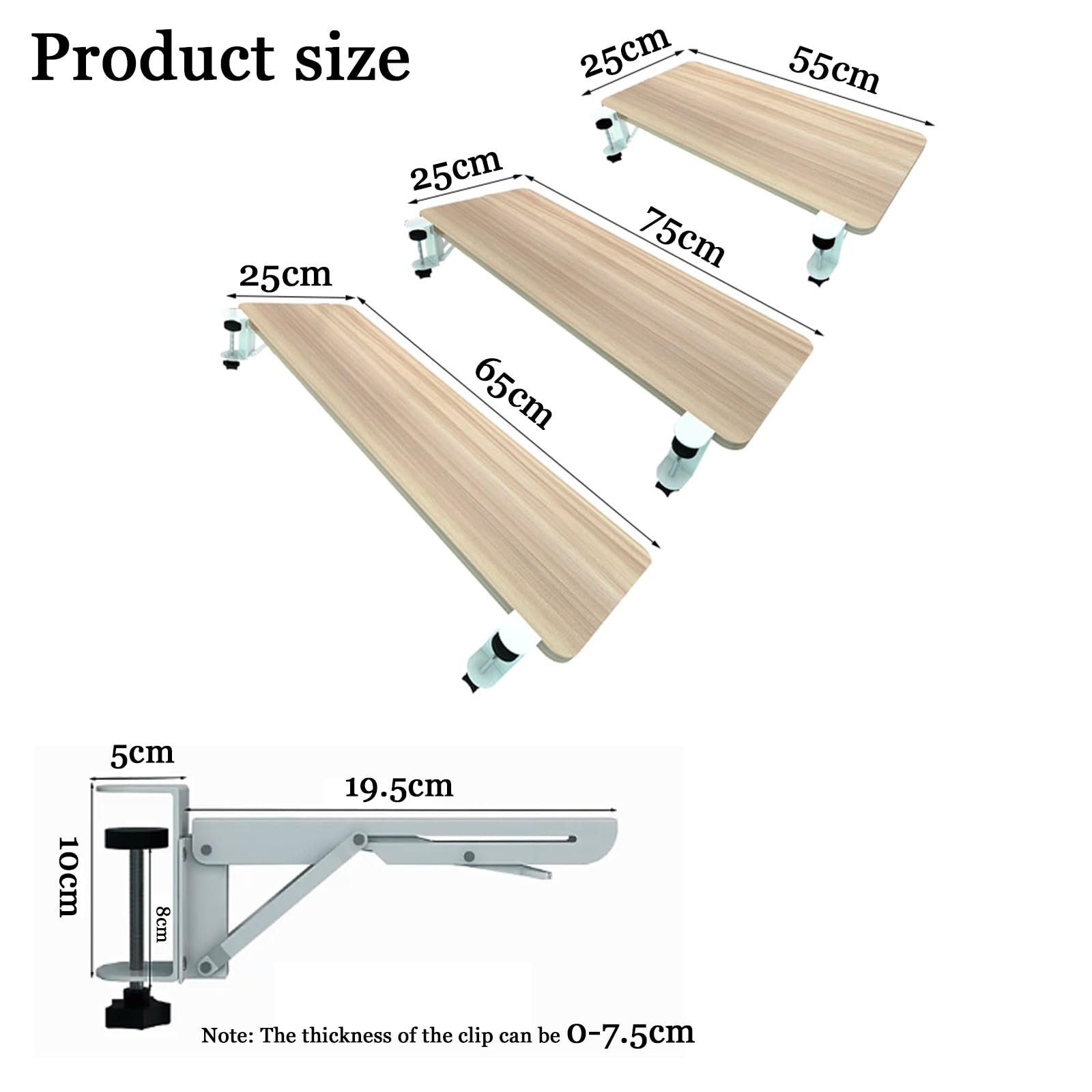 Drewniane przedłużenie biurka, 55/65/75 x 25 cm, składana taca na klawiaturę, do domu i biura, oszczędzająca miejsce, panel wsparcia, idealna do ergonomicznej konfiguracji stacji roboczej