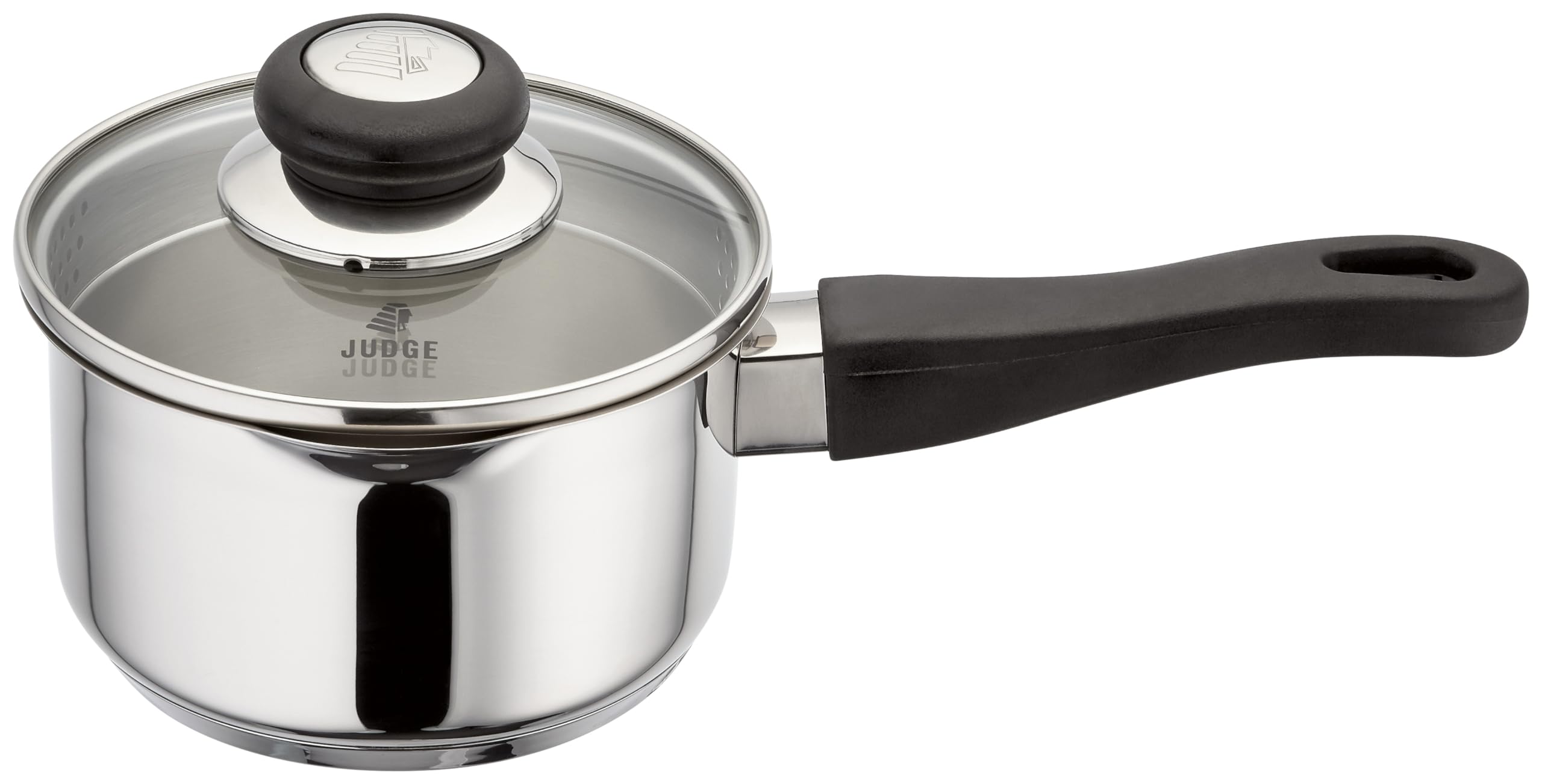 Judge Vista Draining Stainless Steel Medium Saucepan with Pouring Lip 14cm 1L, Shatterproof Glass Strain & Pour Lid, Induction Ready, Oven Safe