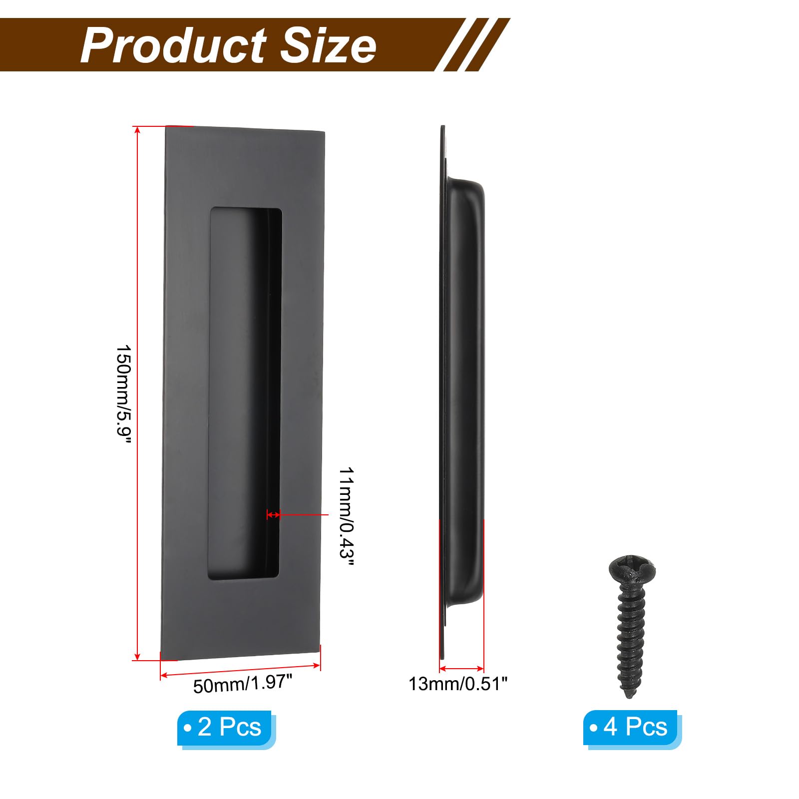 PATIKIL Recessed Finger Flush Pulls 6" 2 Pack Sliding Closet Door Pulls Pocket Door Handles Rectangular Barn Hardware Set including Screws for Home Bathroom Black - Image 2