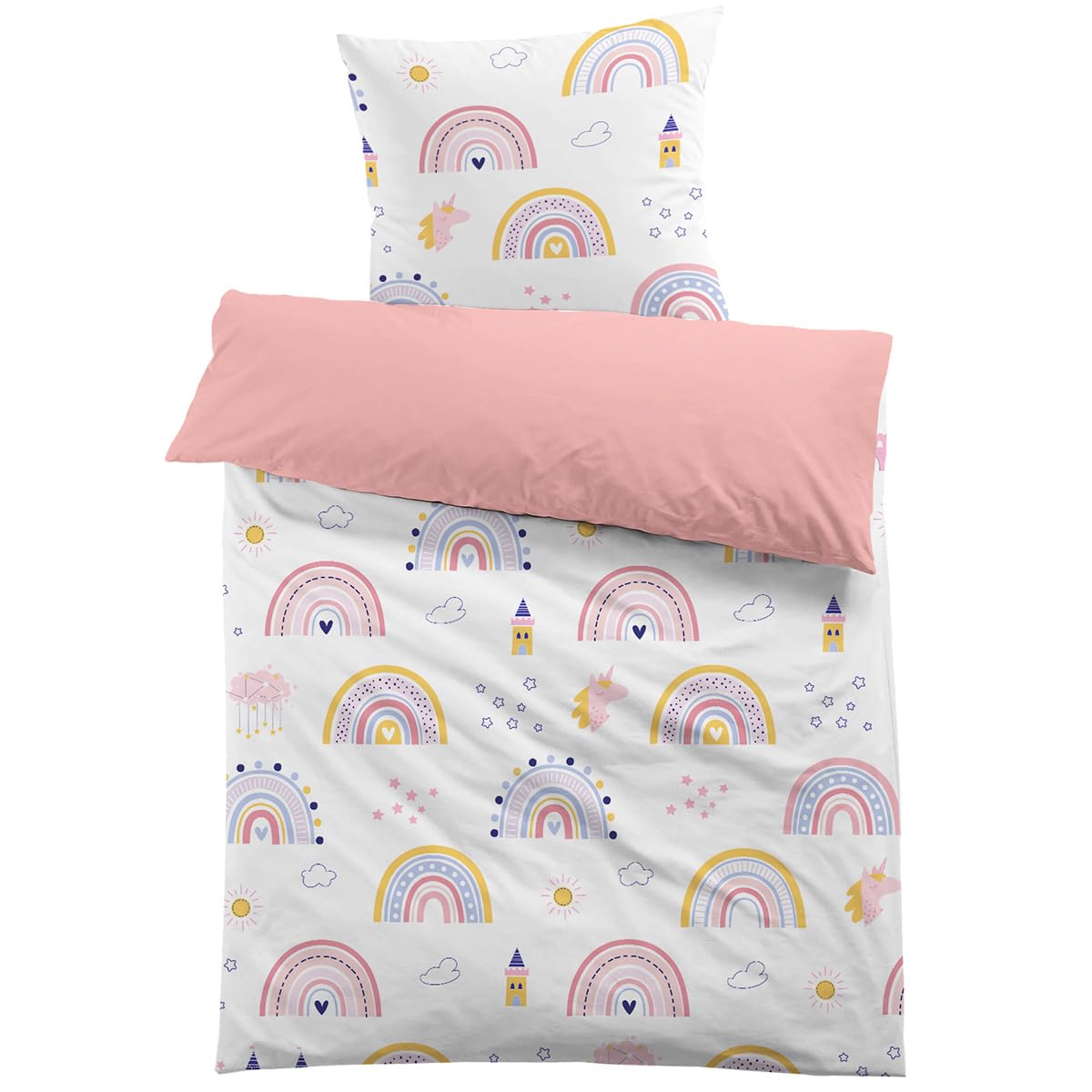 MUSOLEI Set di biancheria da letto 135x200 per bambini con unicorno arcobaleno, ragazza rosa principessa, biancheria da letto in microfibra con stampa 3D cartoon, copripiumino e 1 federa per cuscino
