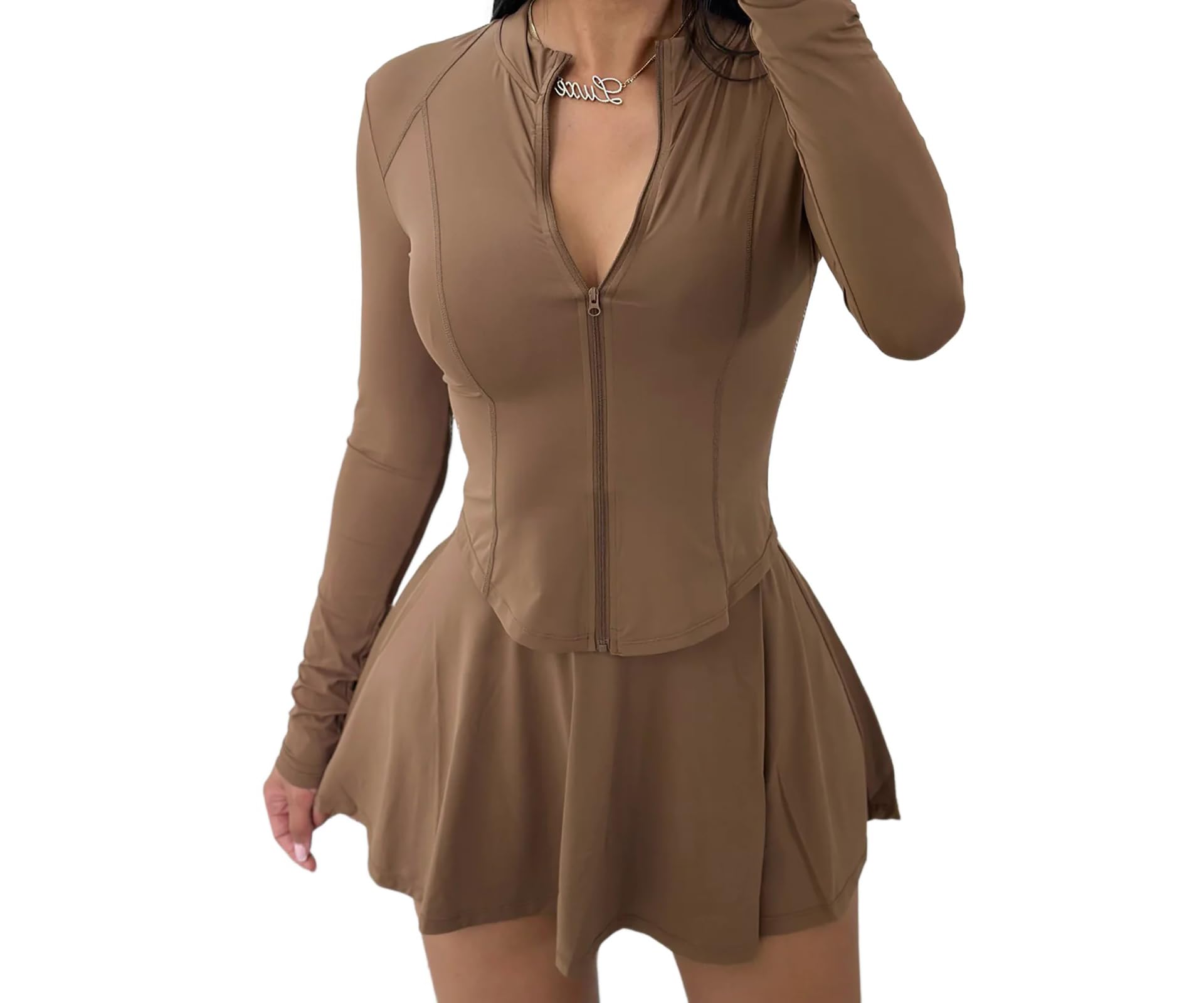 Vssjavun Women 2 Piece Mini Skirt Sets with Long Sleeve Zipper Workout Jacket Sweatsuit Tracksuit Tennis Outfits