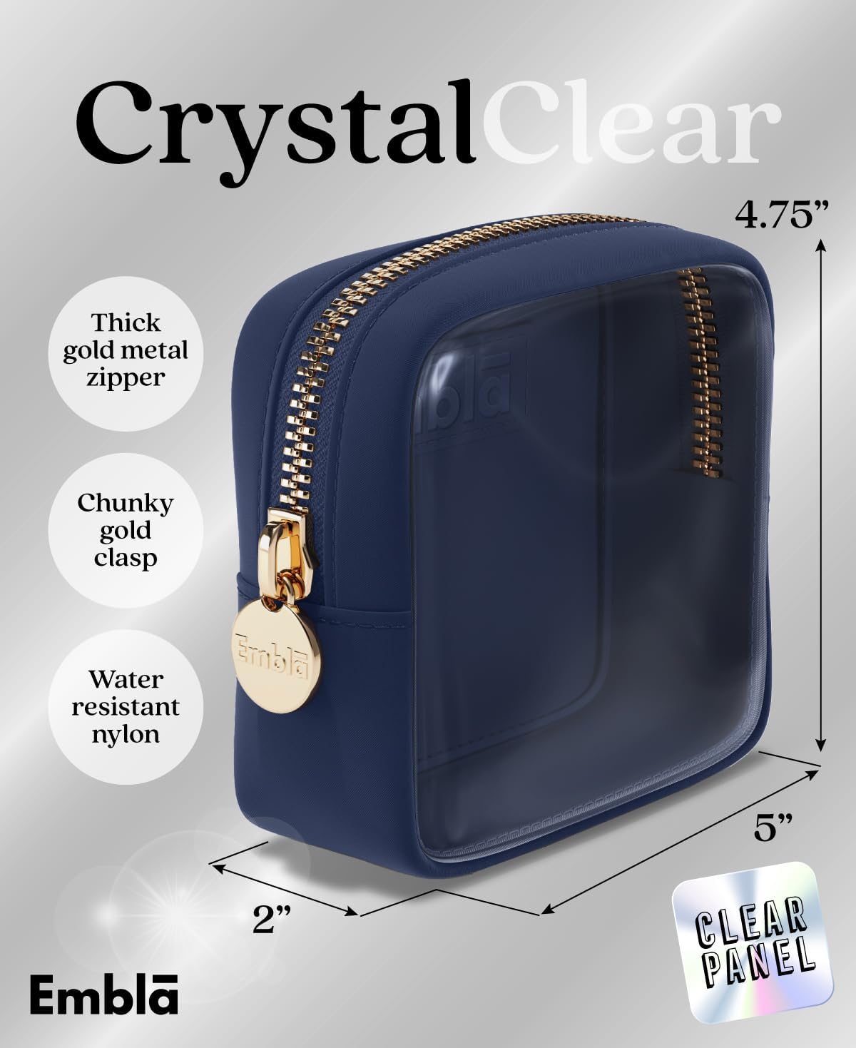 Embla Clear Small Makeup Bag for Purse, Mini Waterproof Nylon Cosmetic Pouch, See Through Travel Toiletry Bag with Smooth Zipper, Navy Blue - Image 2